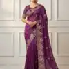 Wine Soft Organza Silk With Sequins Work Saree