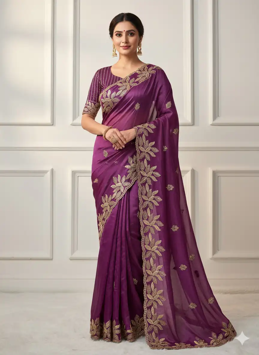 Wine Soft Organza Silk With Sequins Work Saree