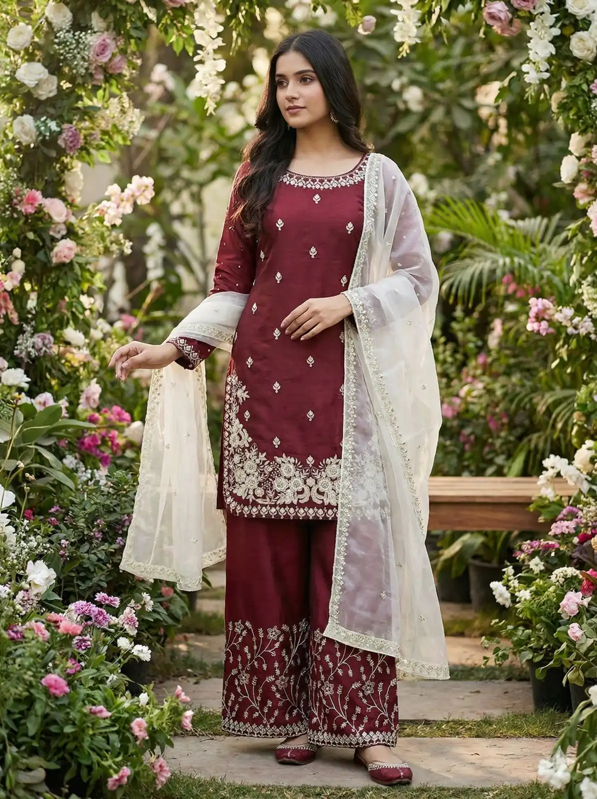 Maroon Organza Silk Lace Embroidery Work Salwar Suit