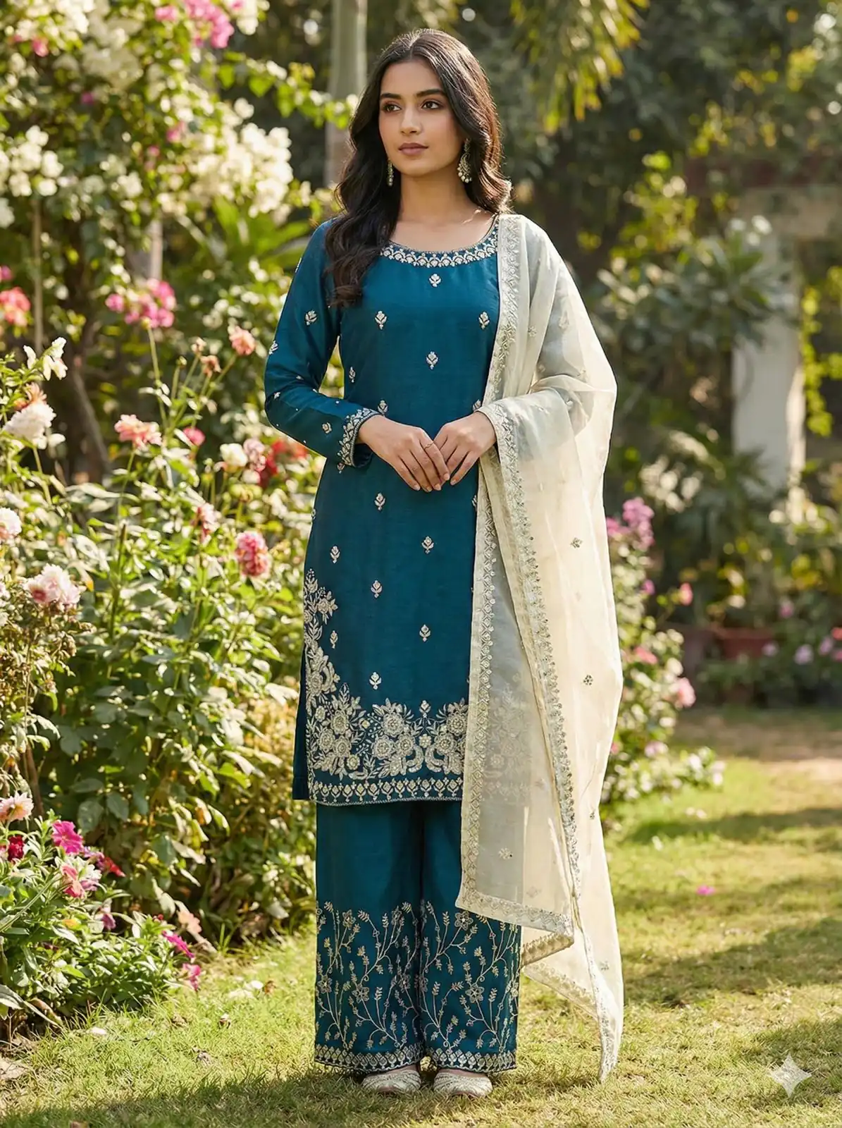 Teal Organza Silk Lace Embroidery Work Salwar Suit