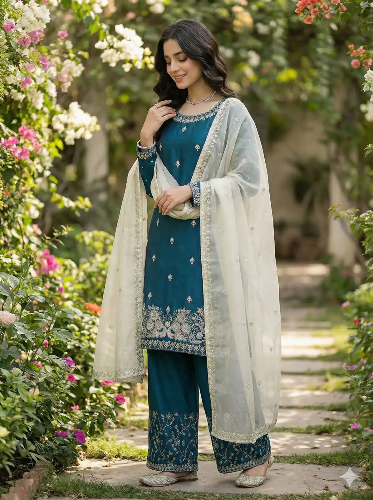 Teal Organza Silk Lace Embroidery Work Salwar Suit - Image 3