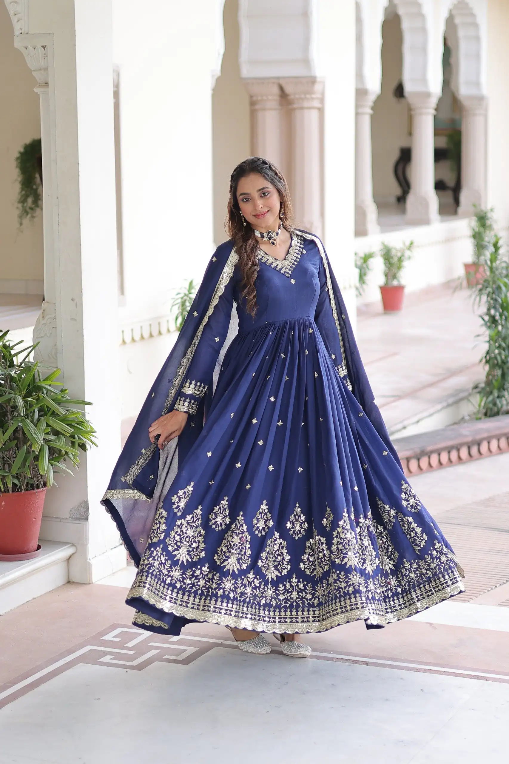 Blue Vichitra Silk Sequins Work Gown