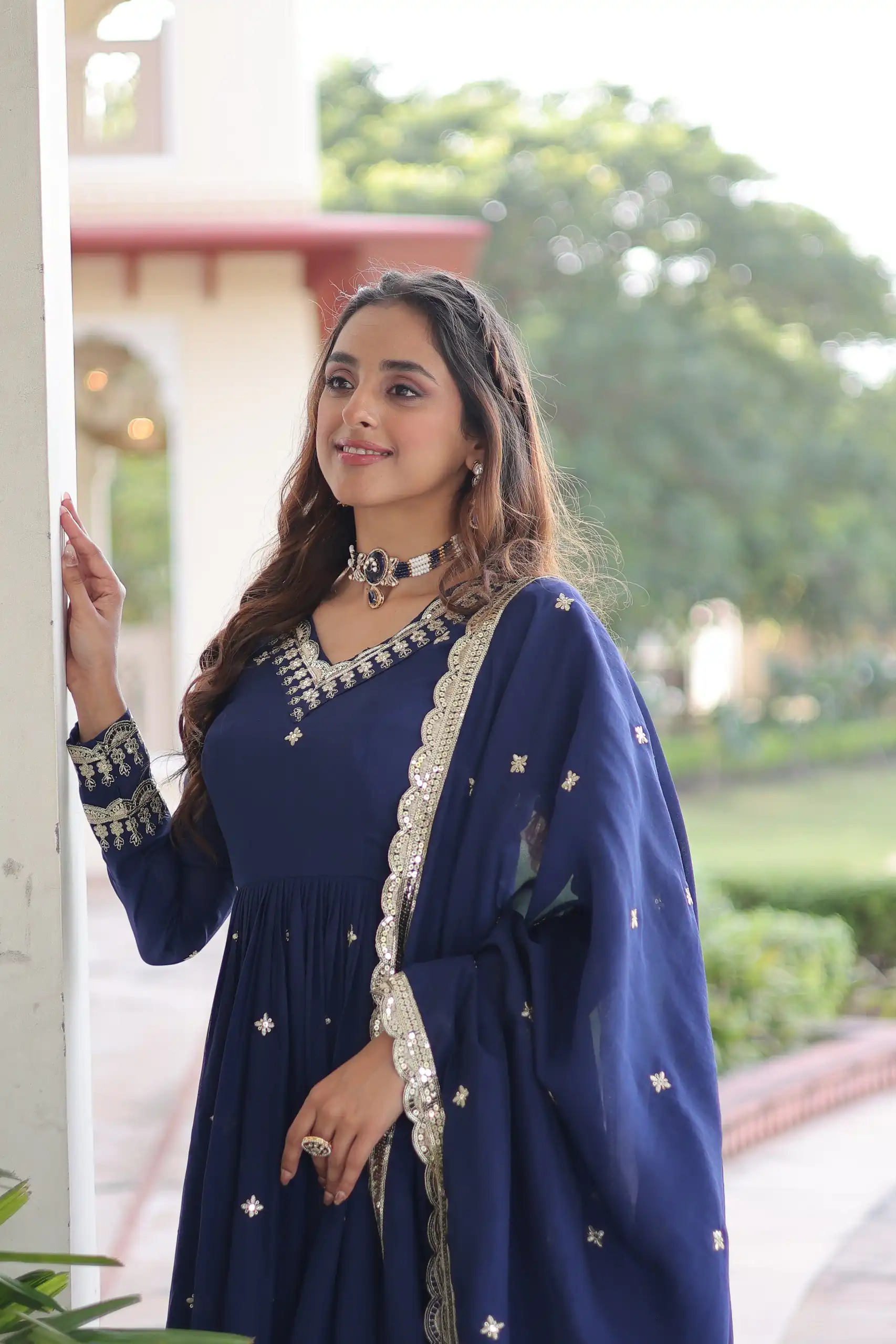 Blue Vichitra Silk Sequins Work Gown - Image 2