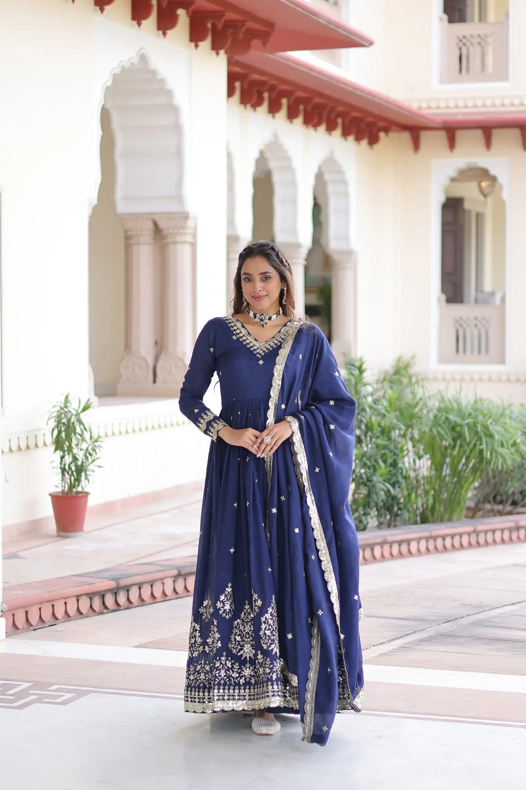 Blue Vichitra Silk Sequins Work Gown - Image 3