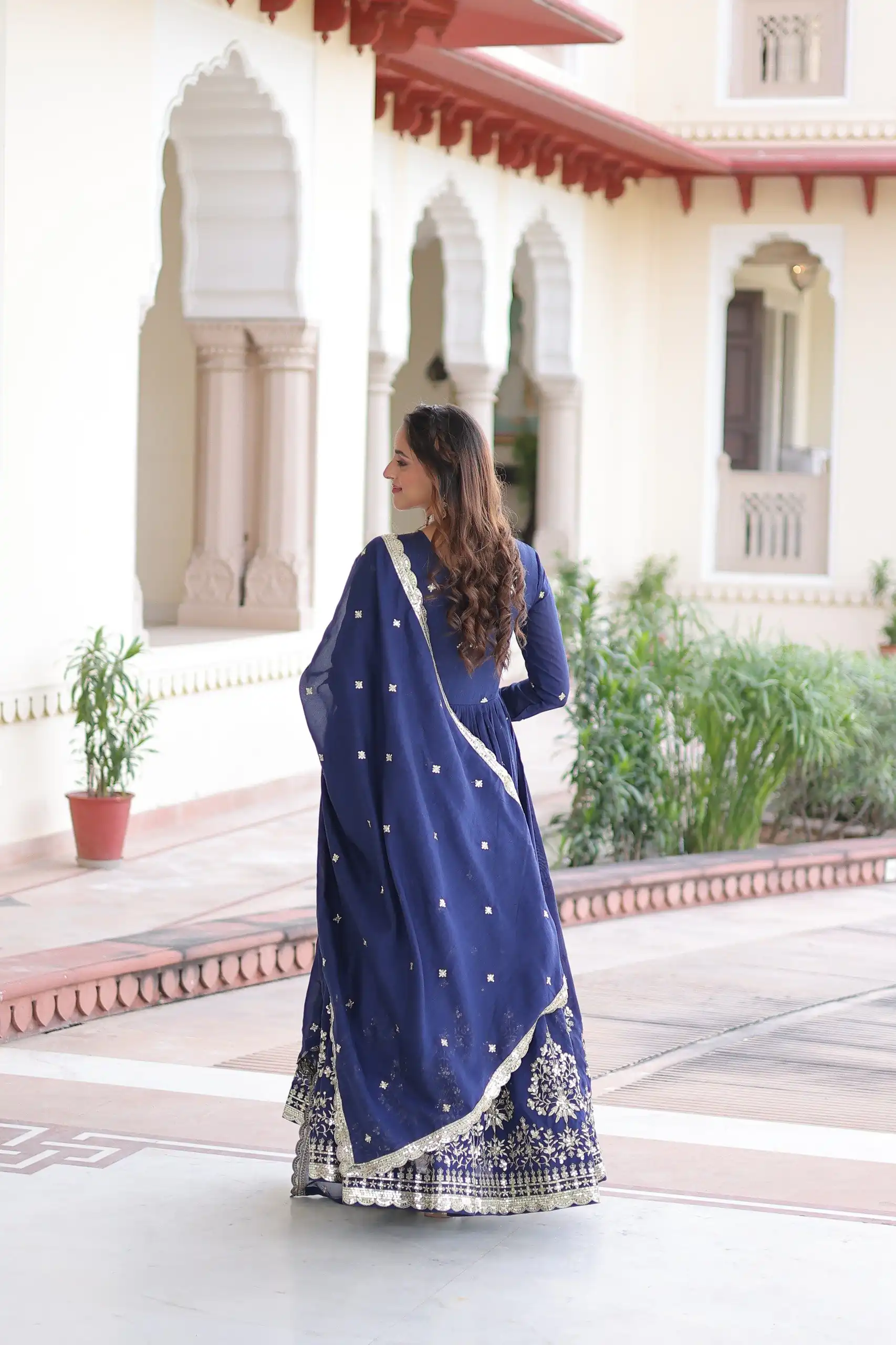 Blue Vichitra Silk Sequins Work Gown - Image 7