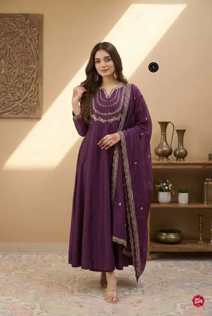 Wine Vichitra Silk Sequence Work Gown