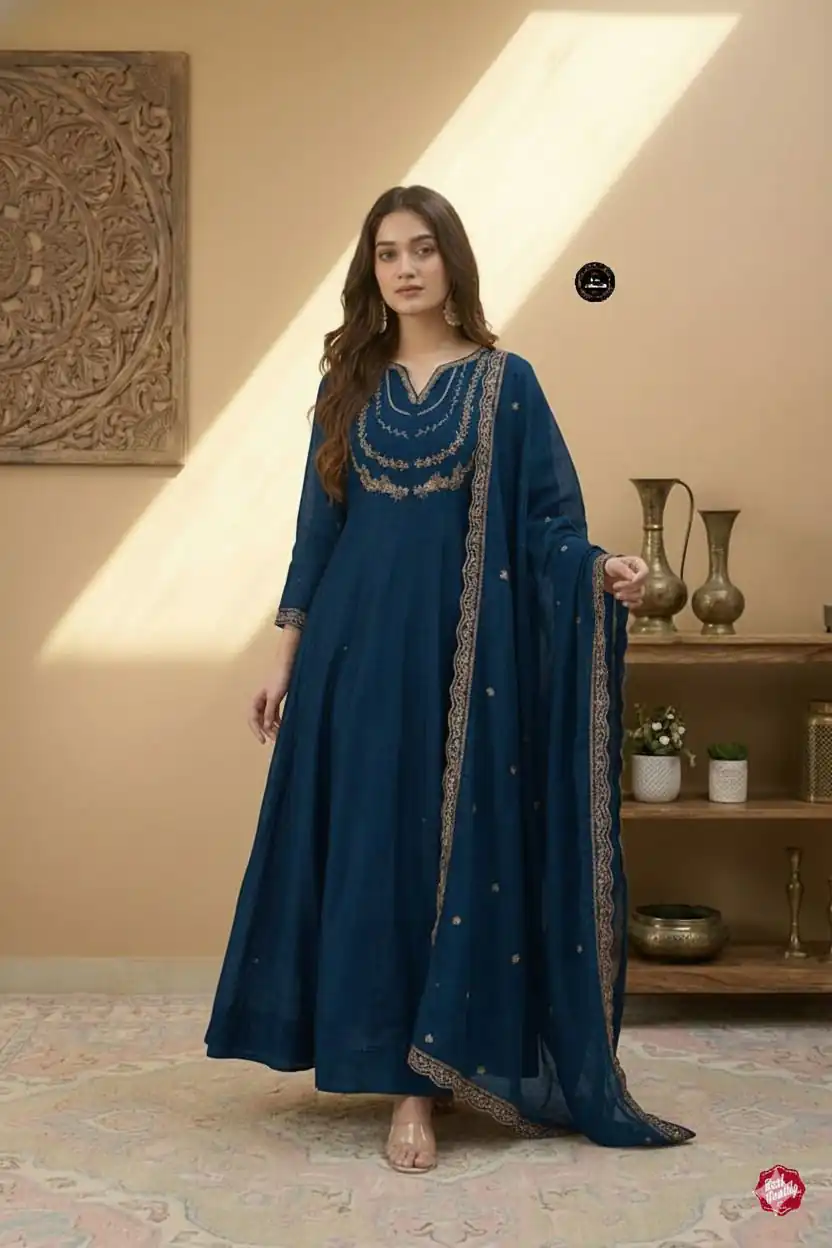 Teal Vichitra Silk Sequence Work Gown