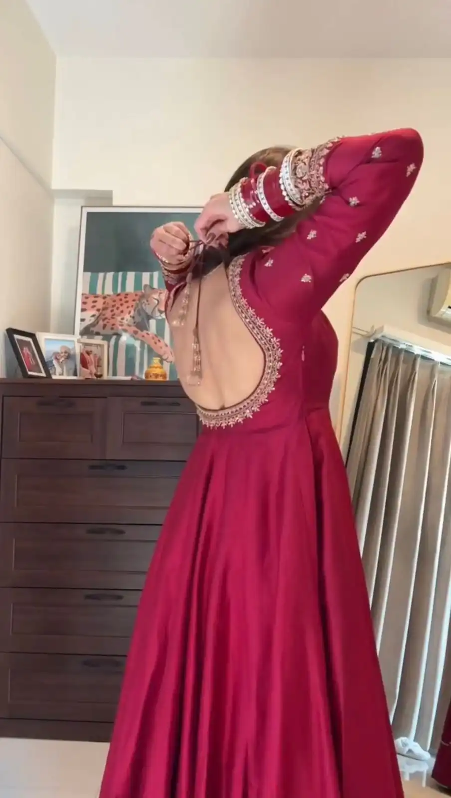 Red Chinon Silk Lace Work Digital Print Gown - Image 4