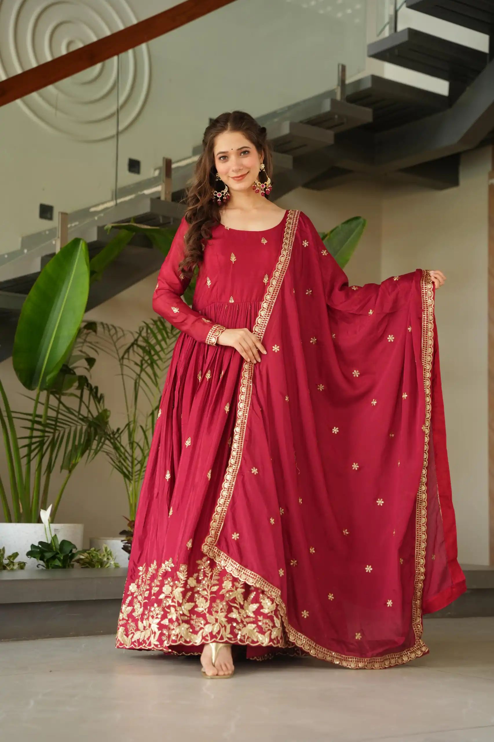 Red Chinon Zari Embroidery Work Gown - Image 2