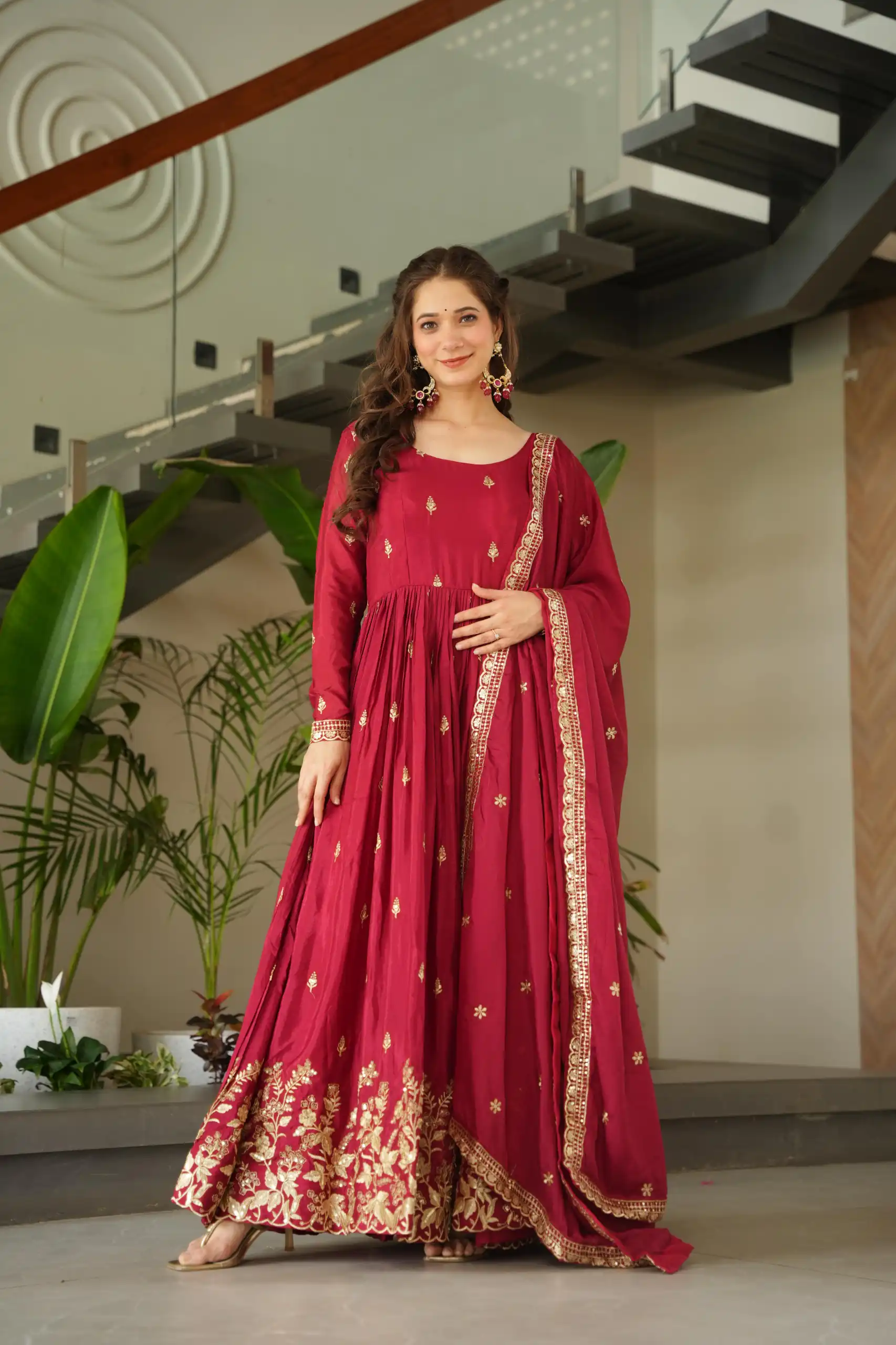 Red Chinon Zari Embroidery Work Gown - Image 3