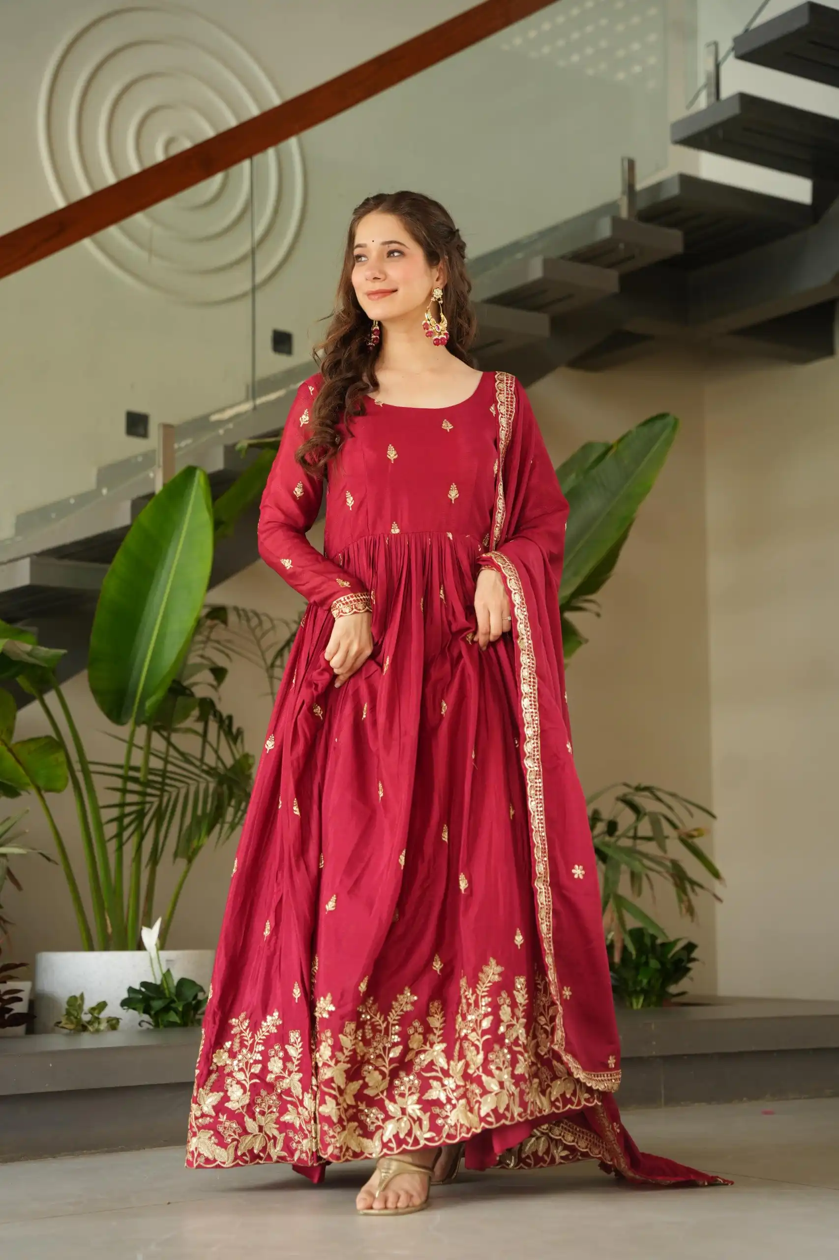 Red Chinon Zari Embroidery Work Gown - Image 4