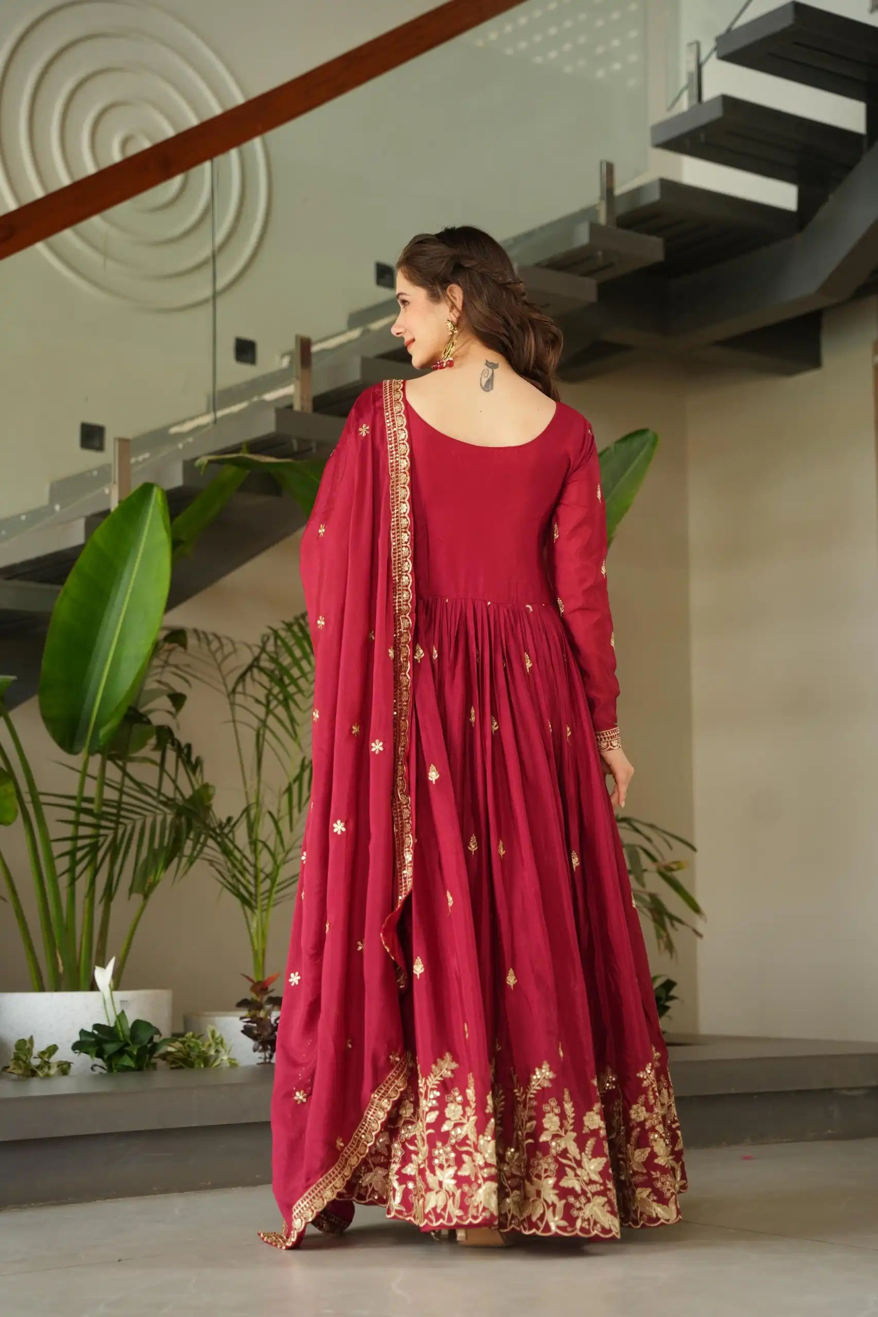Red Chinon Zari Embroidery Work Gown - Image 5