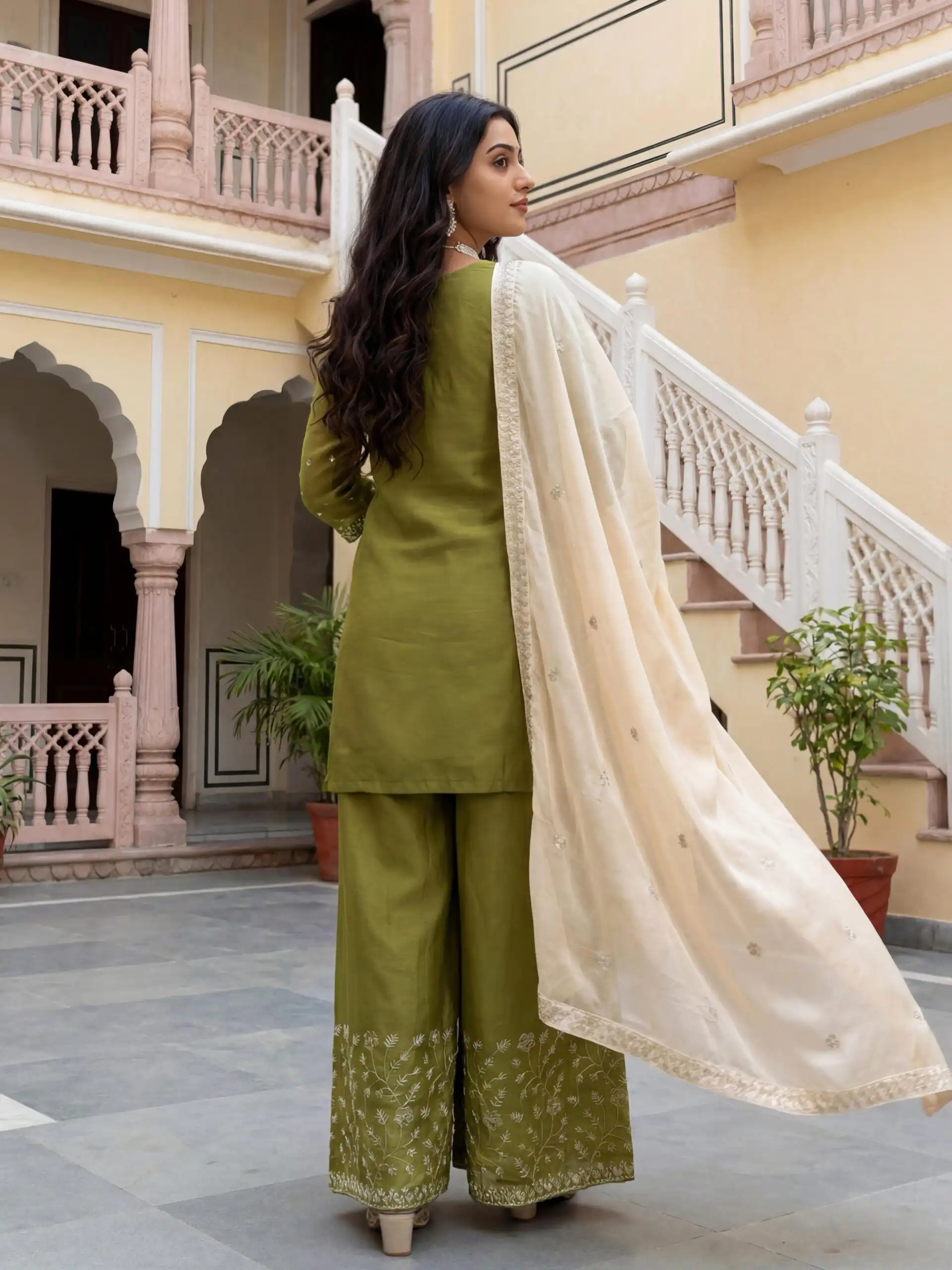 Mahendi Organza Silk Thread Work Salwar Suit - Image 3