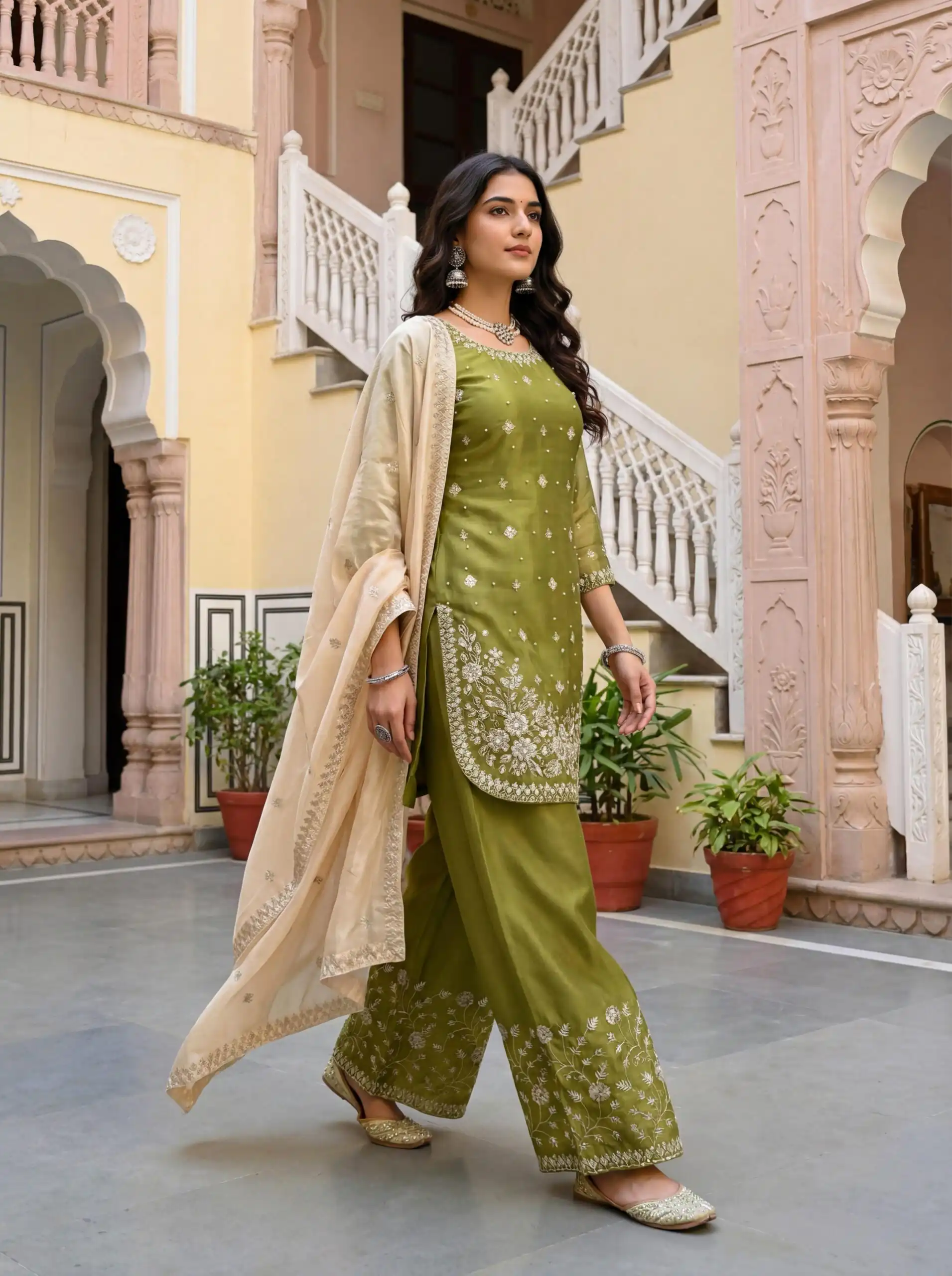 Mahendi Organza Silk Thread Work Salwar Suit - Image 2