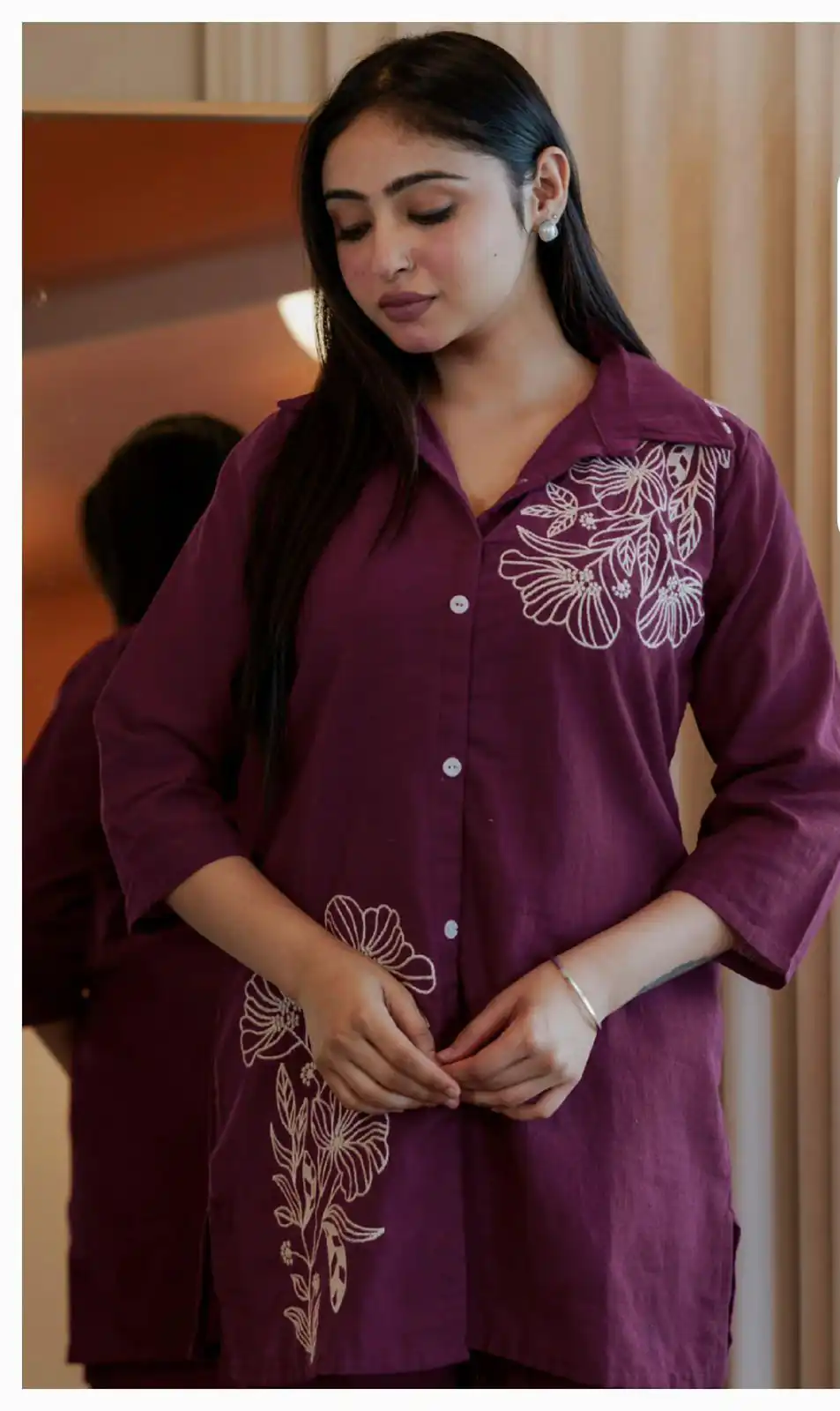 Wine Cotton Slub Embroidery Work Kurti - Image 2