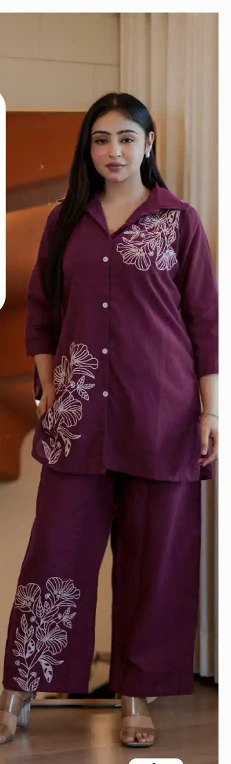 Wine Cotton Slub Embroidery Work Kurti