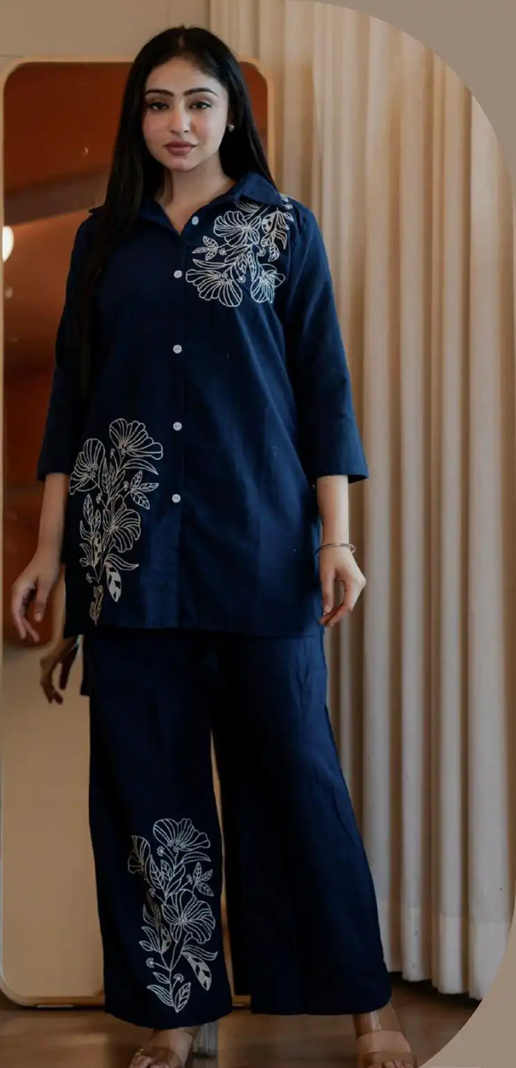 Blue Cotton Slub Embroidery Work Kurti