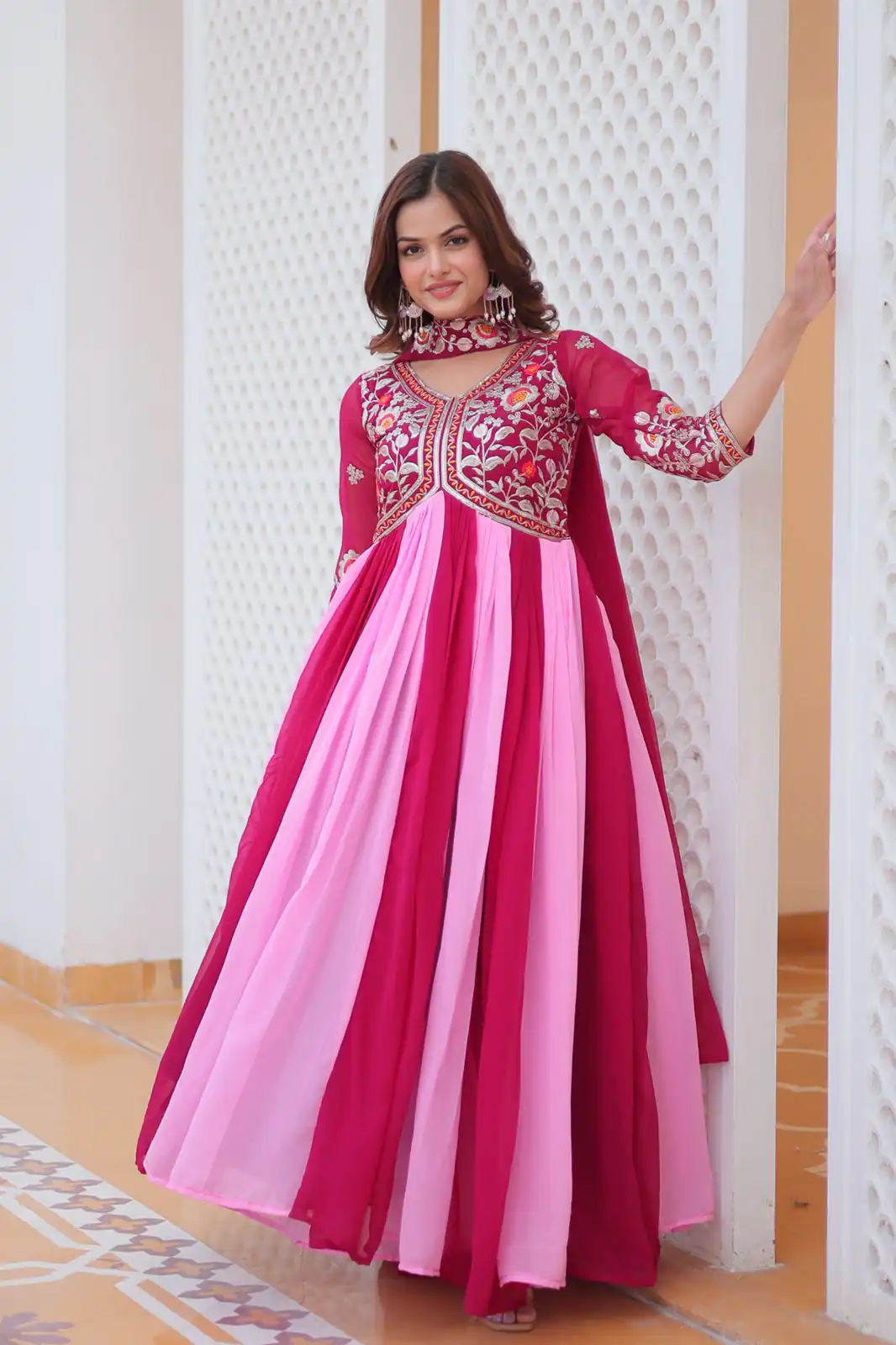 Pink Fox Georgette Embroidery Thread Work Gown