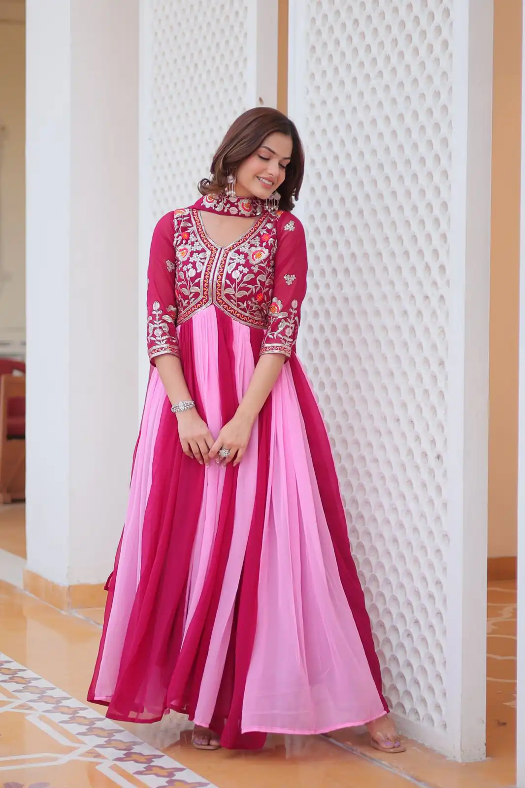 Pink Fox Georgette Embroidery Thread Work Gown - Image 2