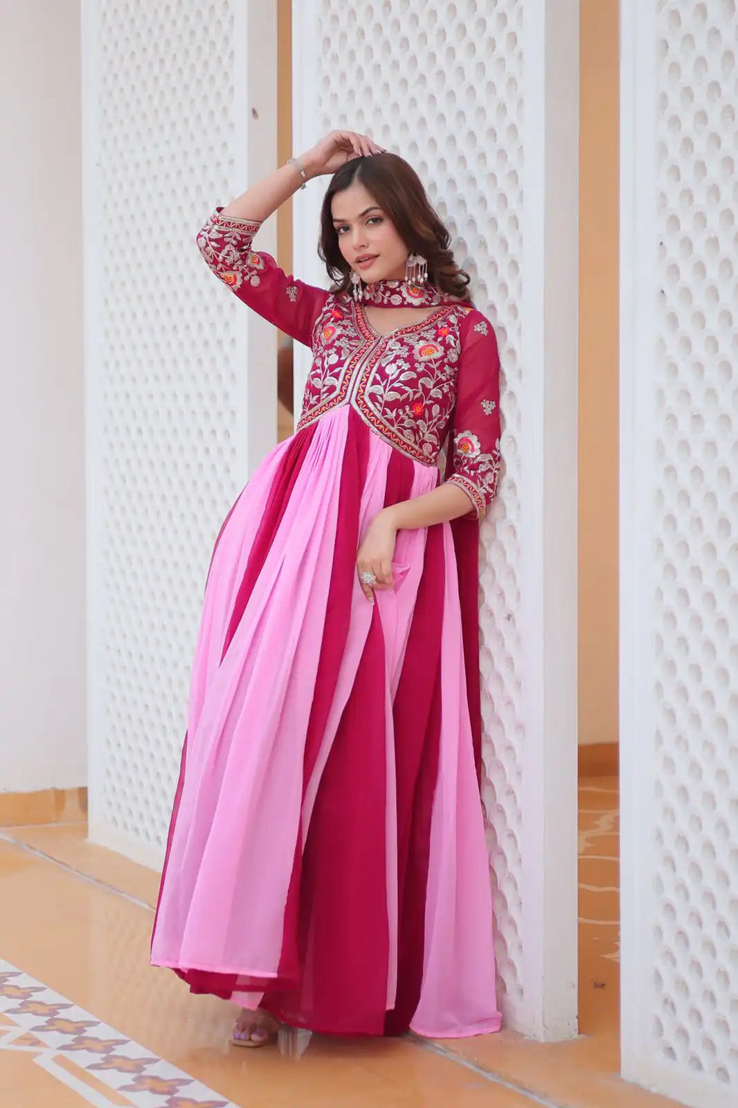 Pink Fox Georgette Embroidery Thread Work Gown - Image 3