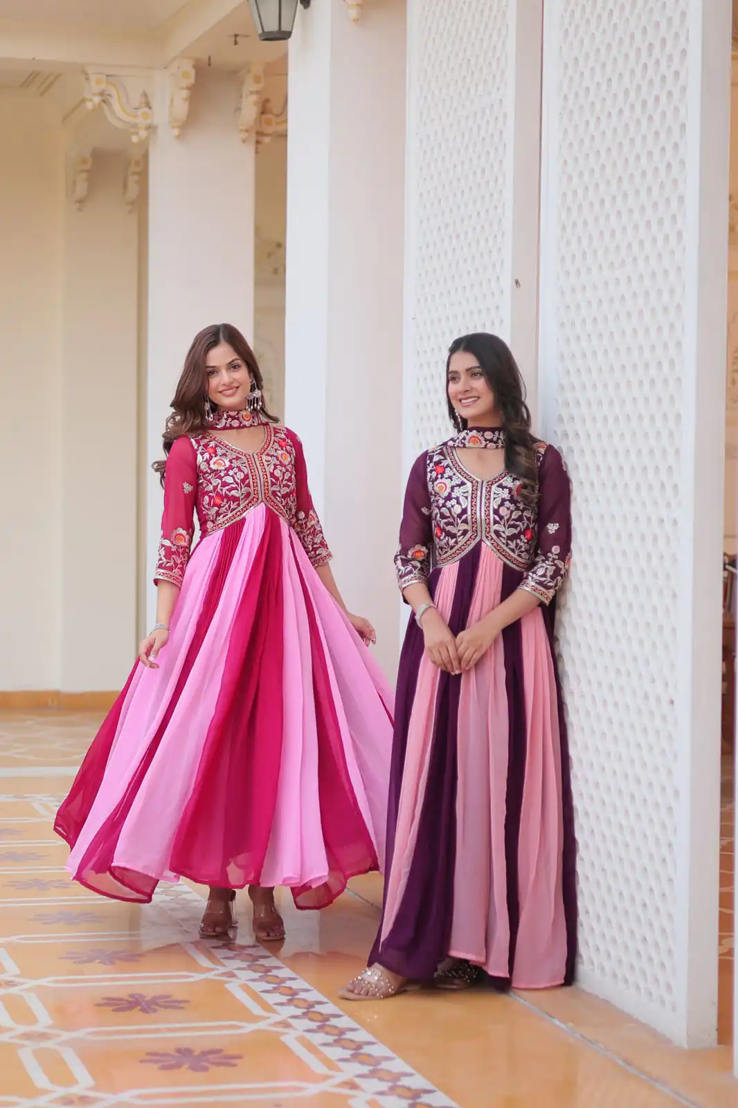 Pink Fox Georgette Embroidery Thread Work Gown - Image 7