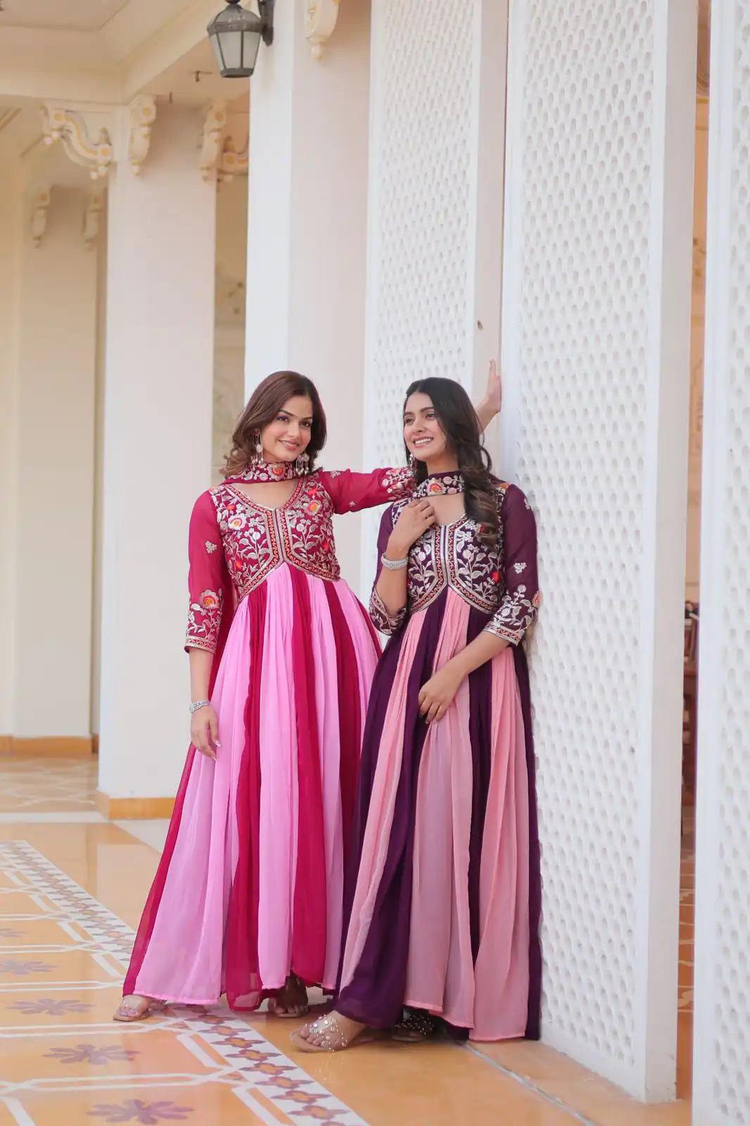 Pink Fox Georgette Embroidery Thread Work Gown - Image 6