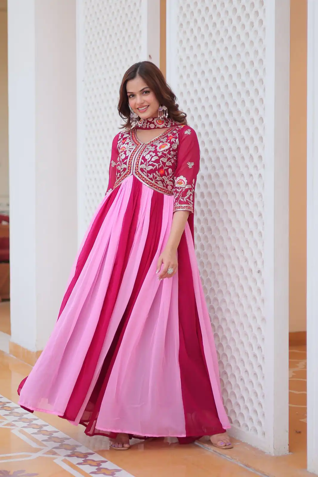 Pink Fox Georgette Embroidery Thread Work Gown - Image 4
