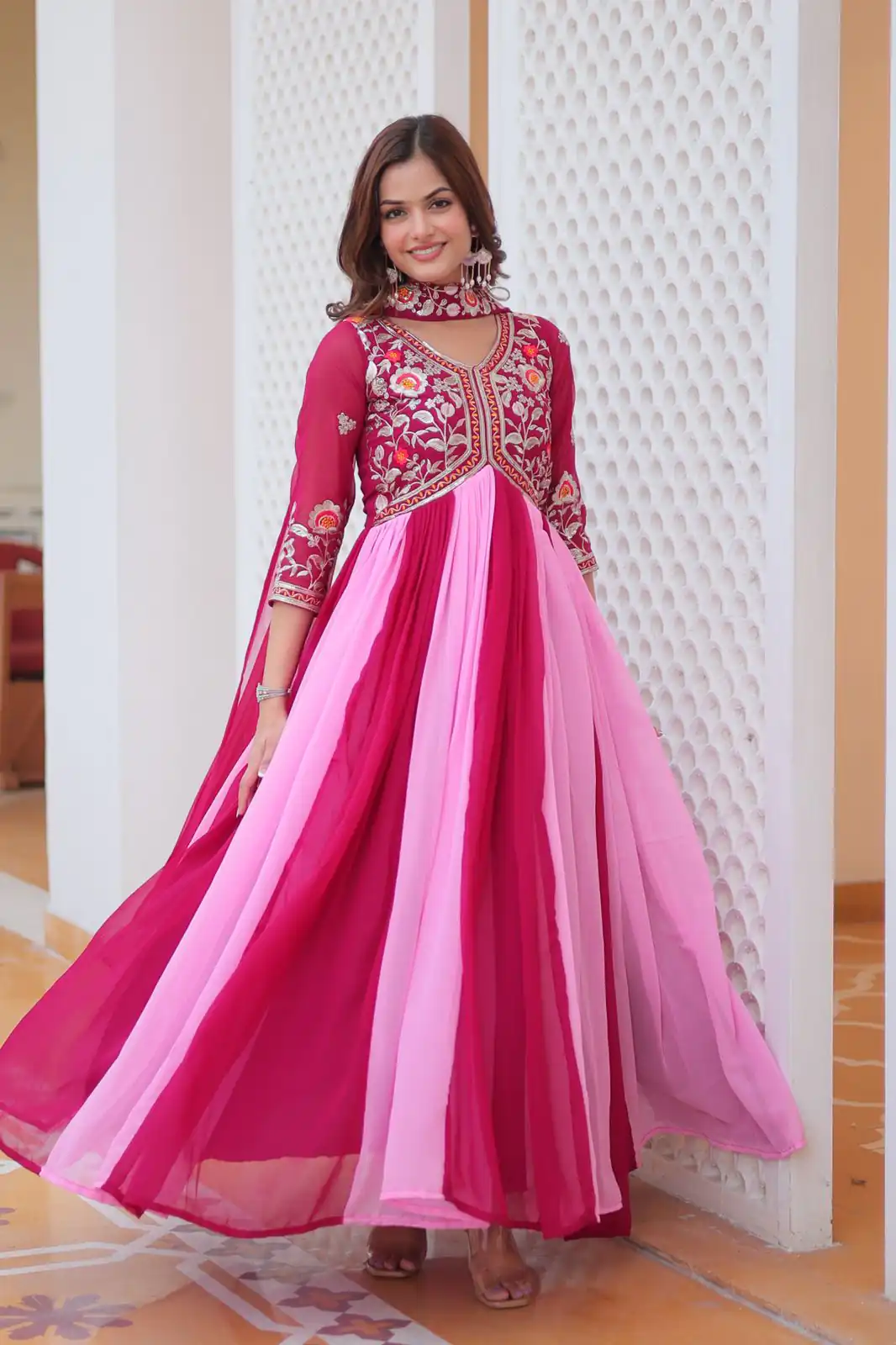 Pink Fox Georgette Embroidery Thread Work Gown - Image 5