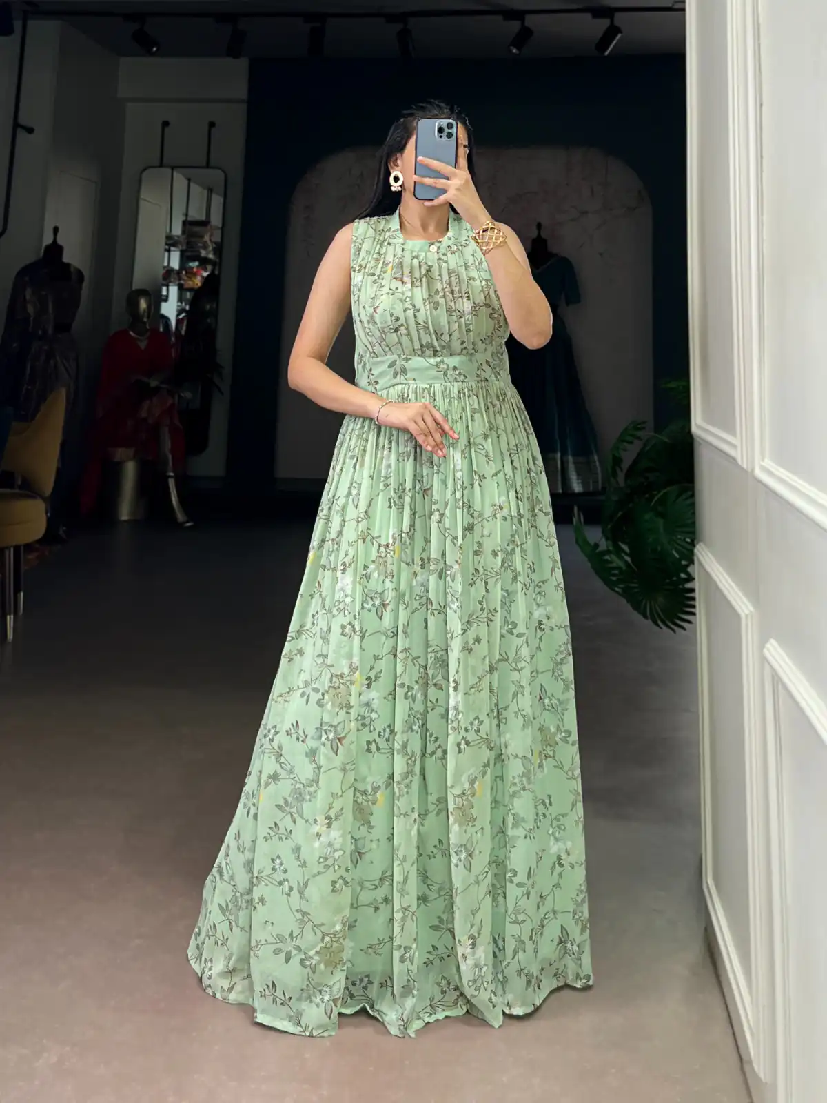 Sea Green Weightless Marbal Floral Print Gown