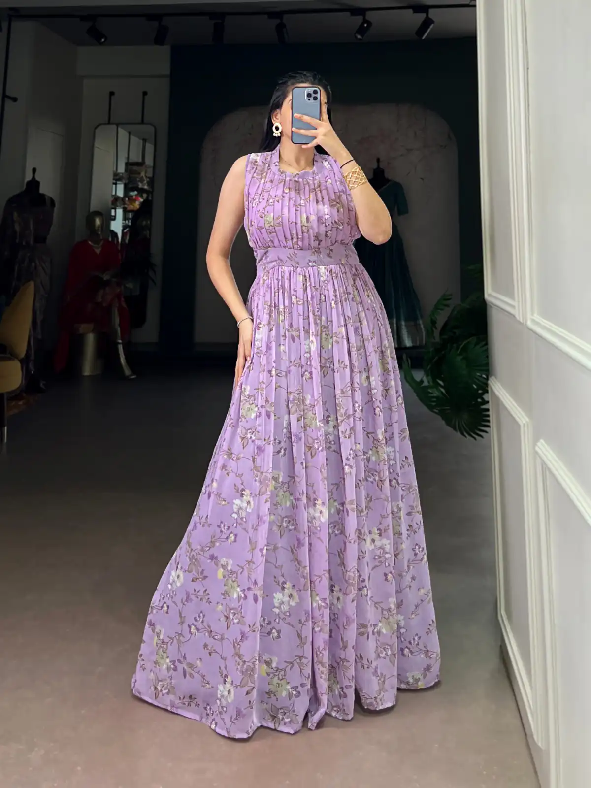 Lavender Weightless Marbal Floral Print Gown