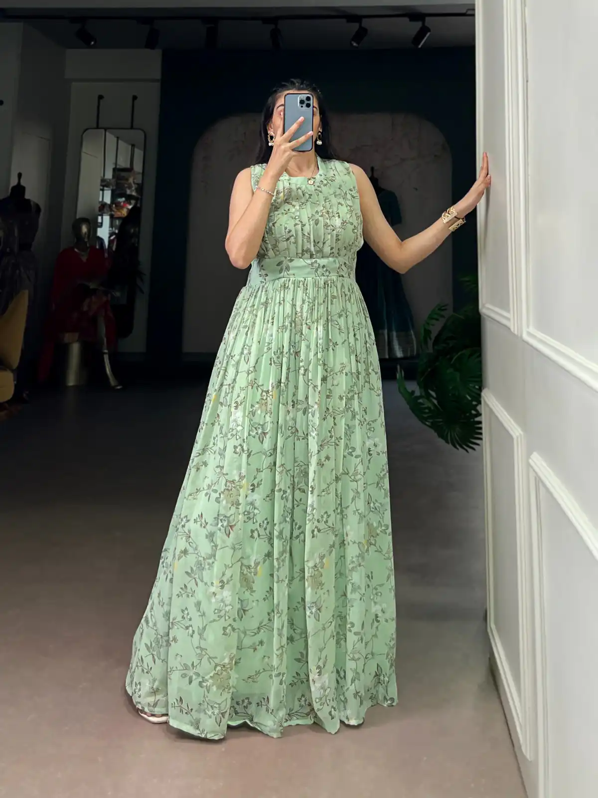 Sea Green Weightless Marbal Floral Print Gown - Image 2