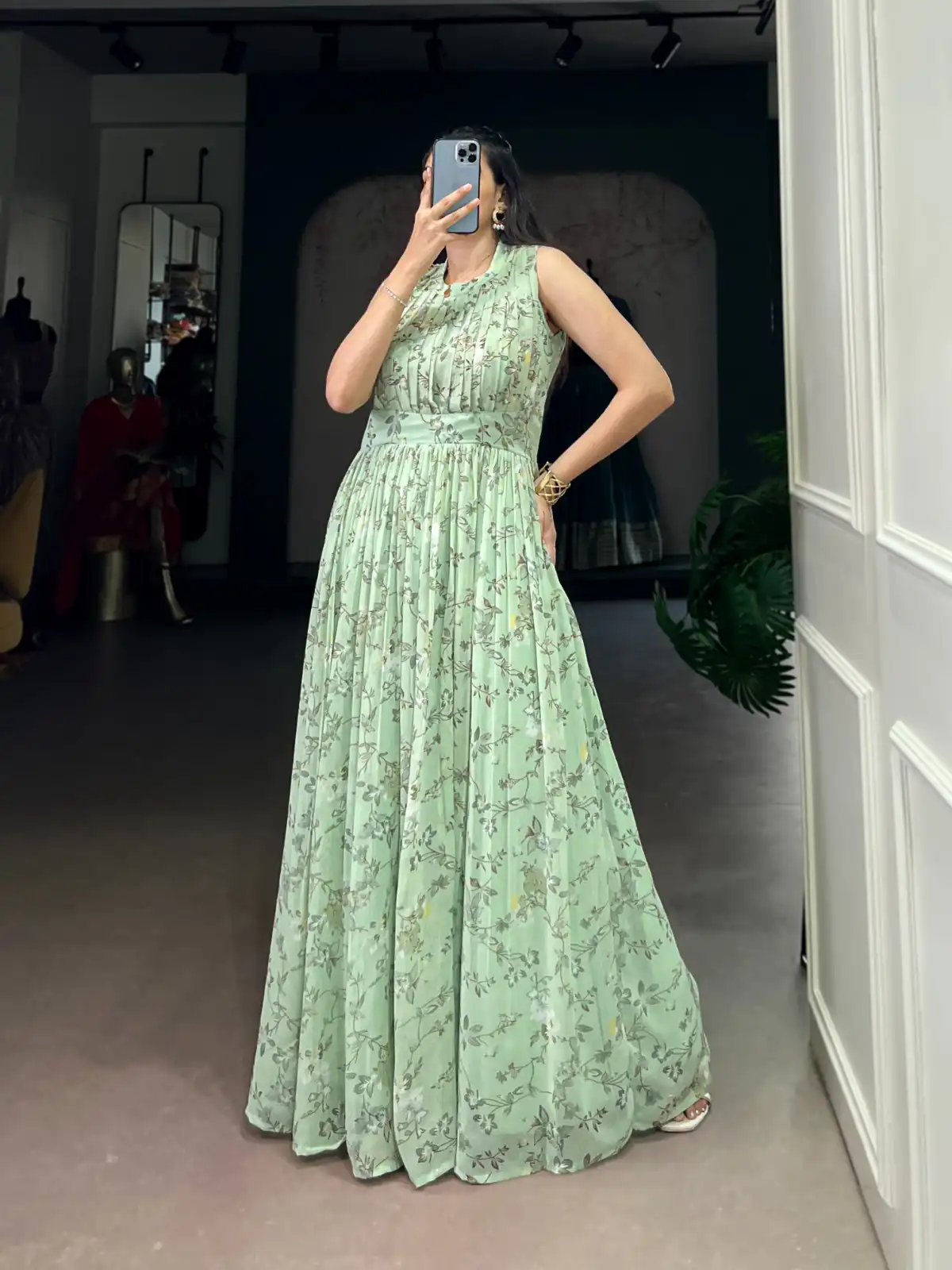 Sea Green Weightless Marbal Floral Print Gown - Image 3