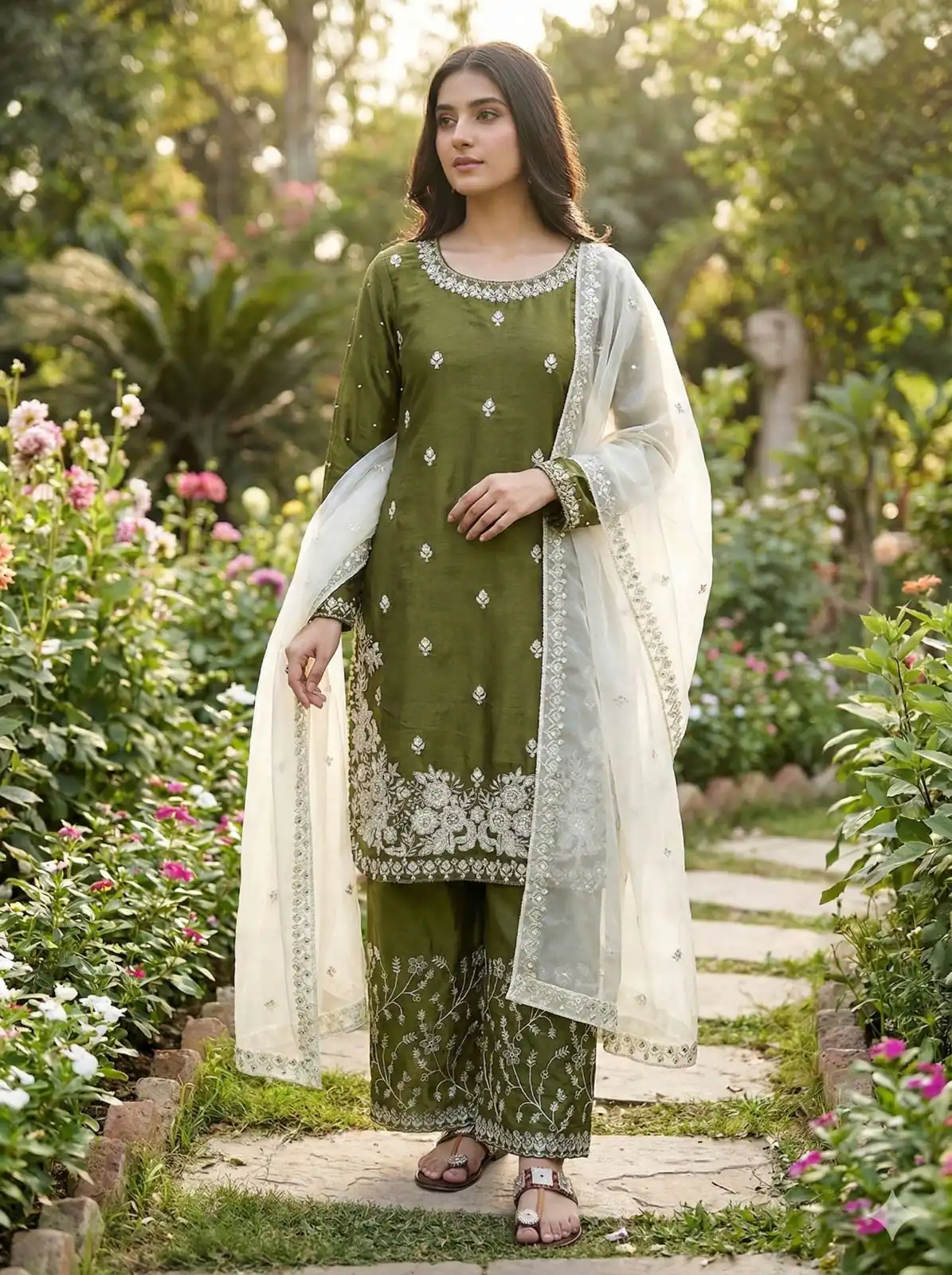 Mahendi Organza Silk Lace Embroidery Work Salwar Suit - Image 3