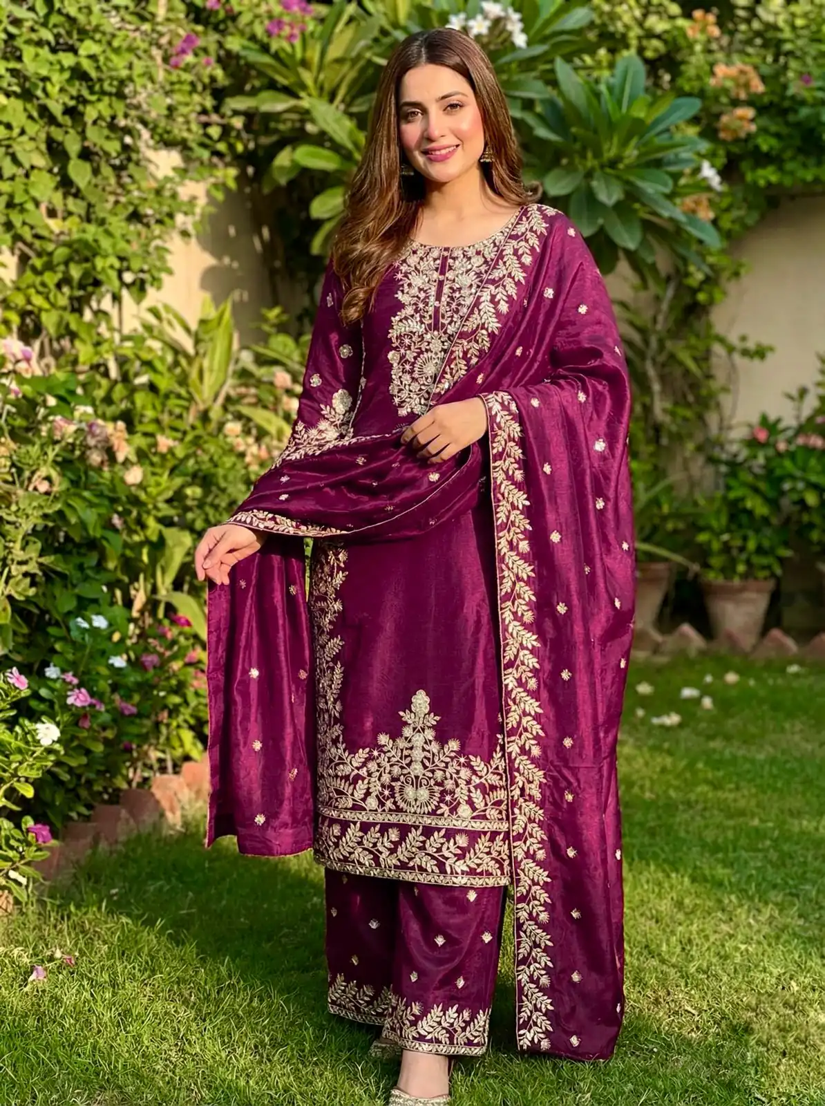 Wine Organza Silk With Sequence Work Salwar Suit - Image 3