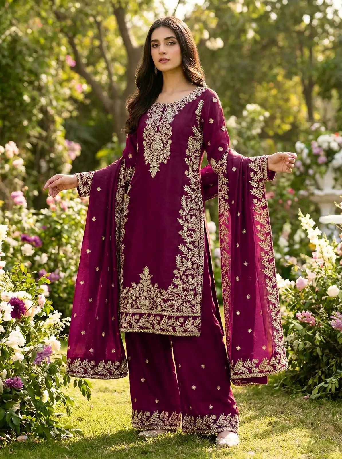 Wine Organza Silk With Sequence Work Salwar Suit - Image 5