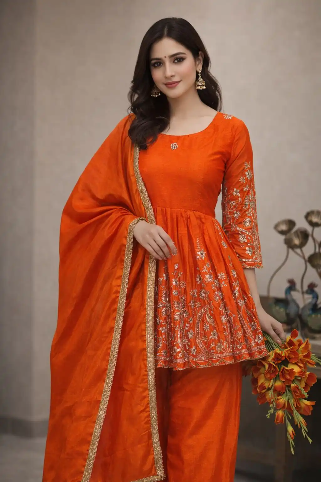 Orange Chinon Silk Embroidery Work Salwar Suit - Image 2