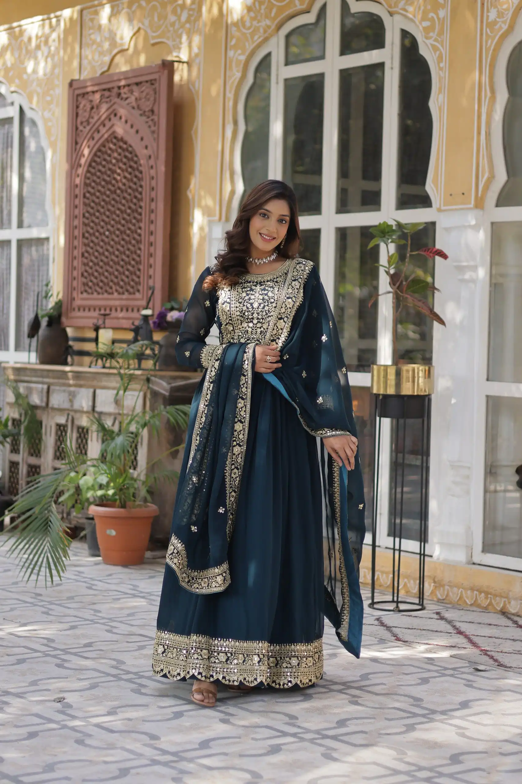 Teal Faux Blooming With Embroidery Zari Work Gown - Image 3