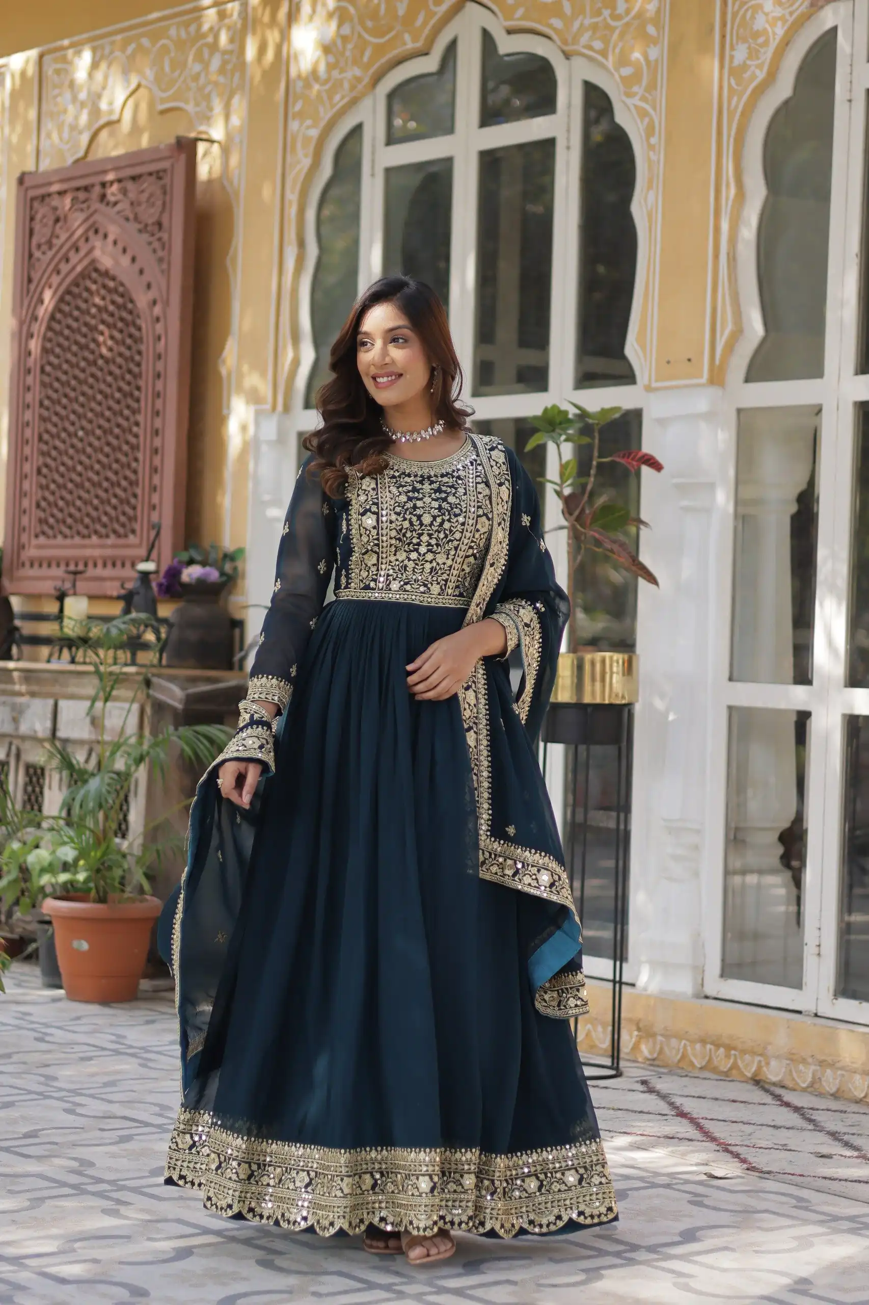Teal Faux Blooming With Embroidery Zari Work Gown - Image 6