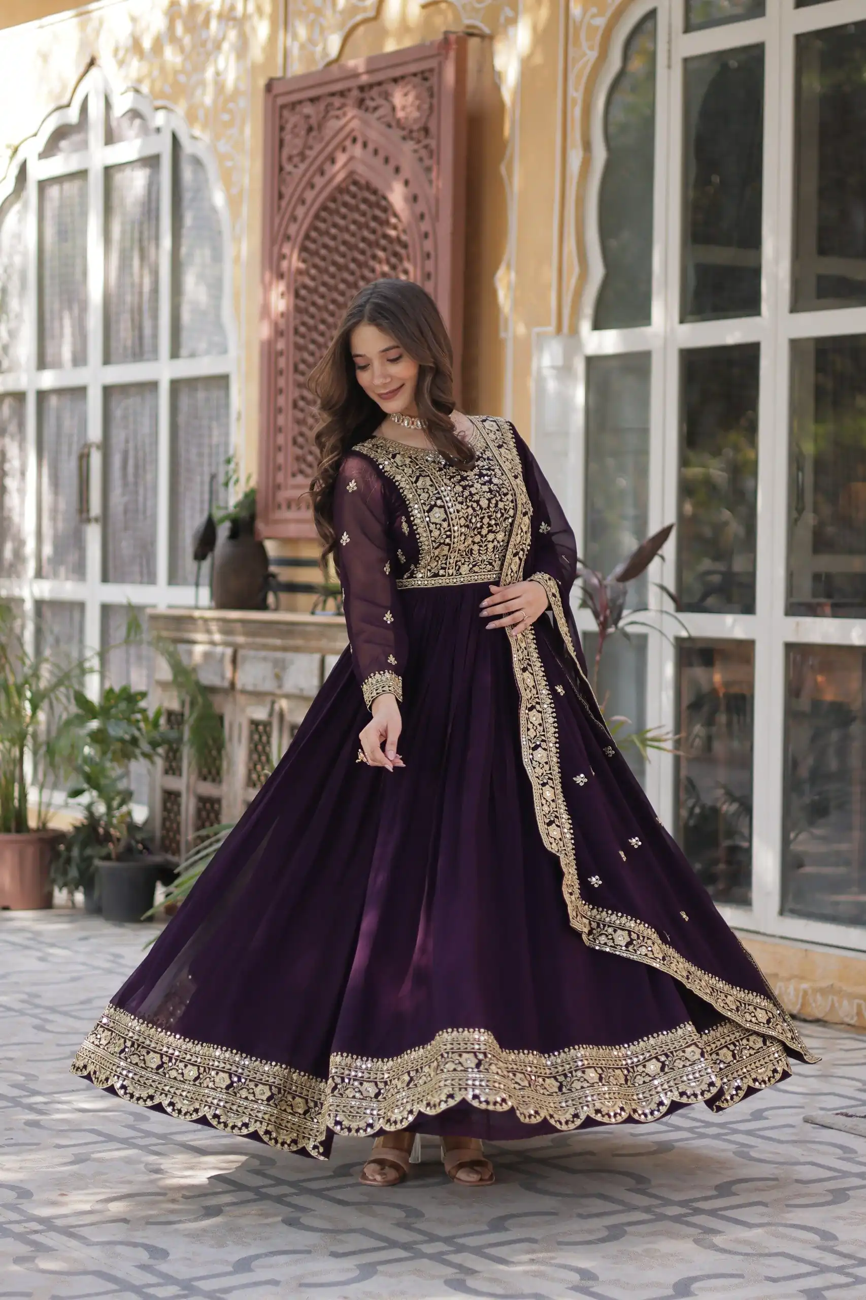 Wine Faux Blooming With Embroidery Zari Work Gown