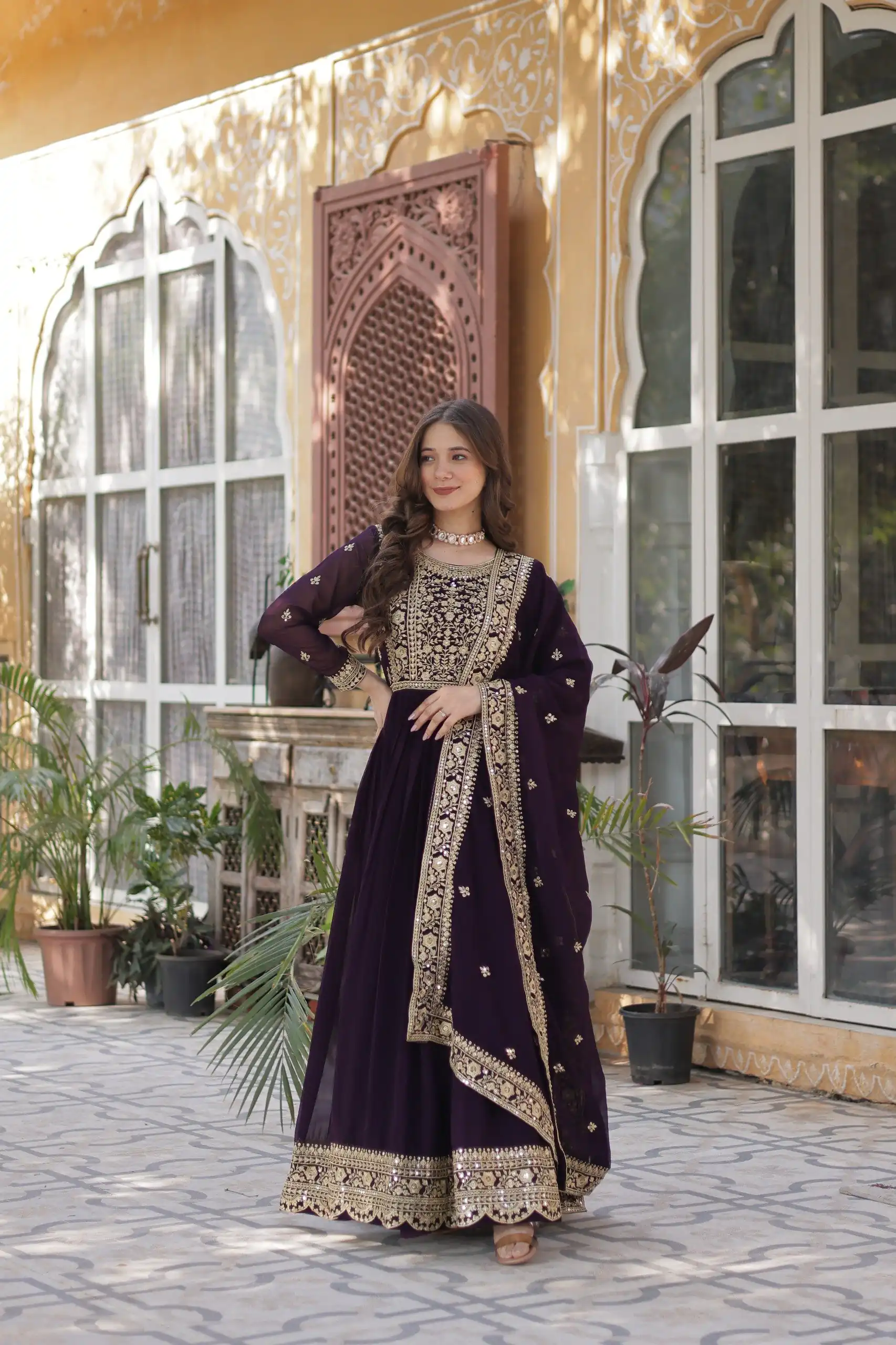 Wine Faux Blooming With Embroidery Zari Work Gown - Image 3