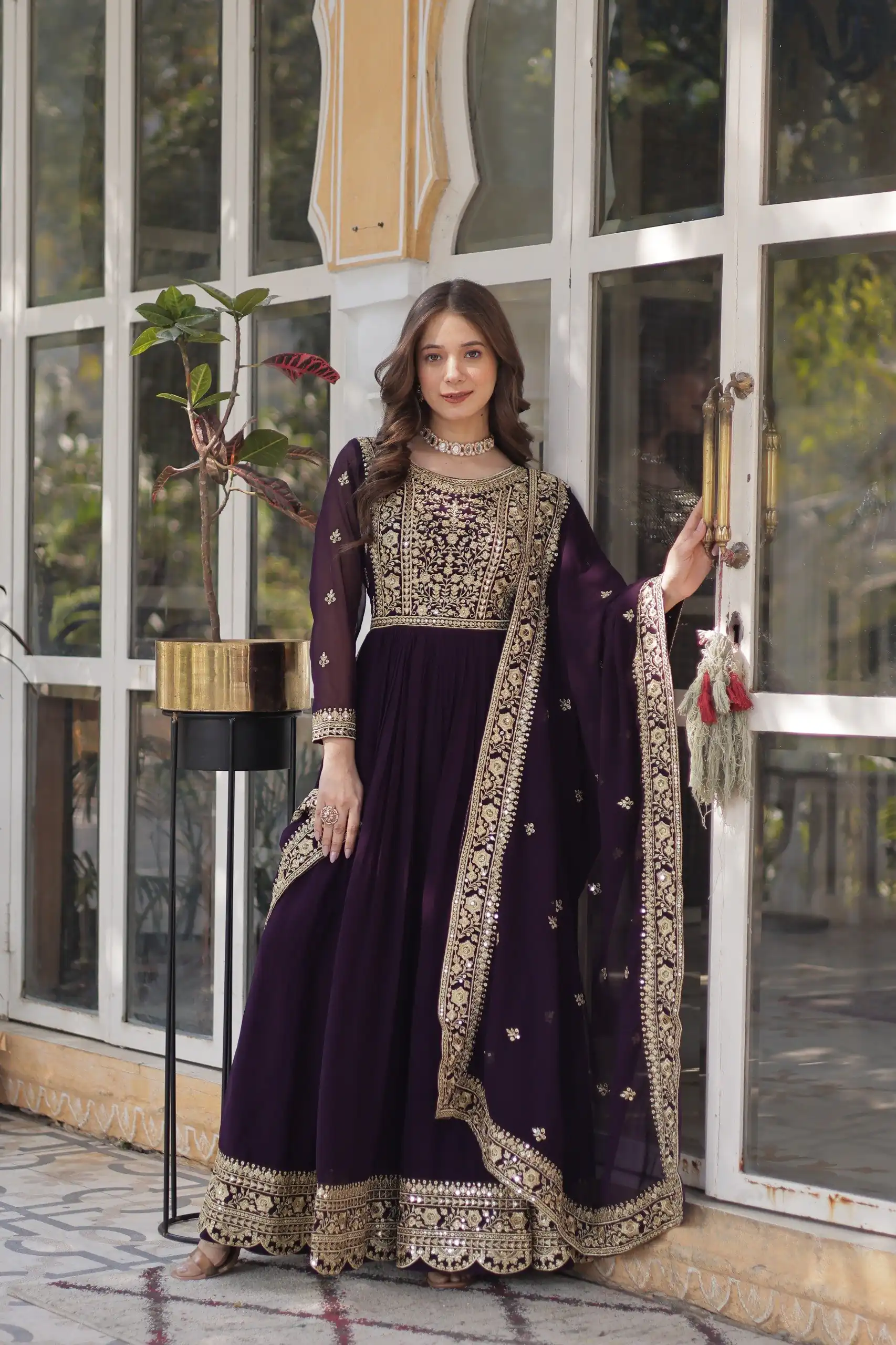 Wine Faux Blooming With Embroidery Zari Work Gown - Image 5
