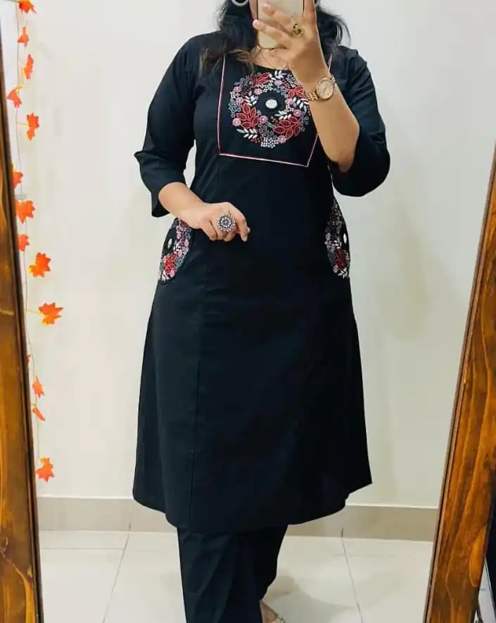 Black Soft Cotton Slub Embroidery Work Kurti