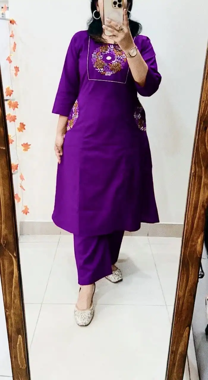 Purple Soft Cotton Slub Embroidery Work Kurti