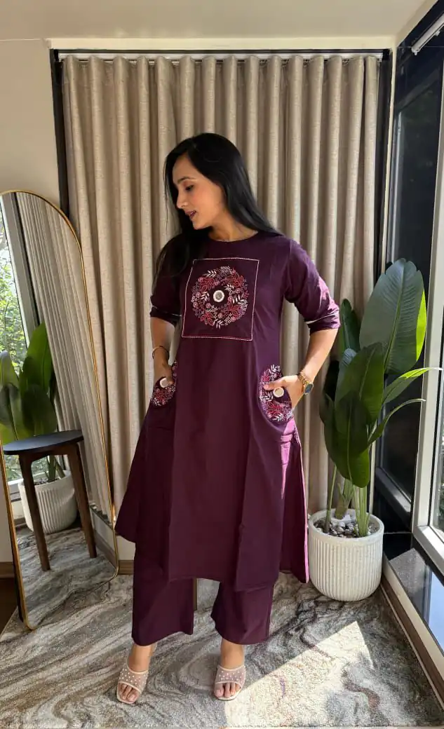 Wine Soft Cotton Slub Embroidery Work Kurti