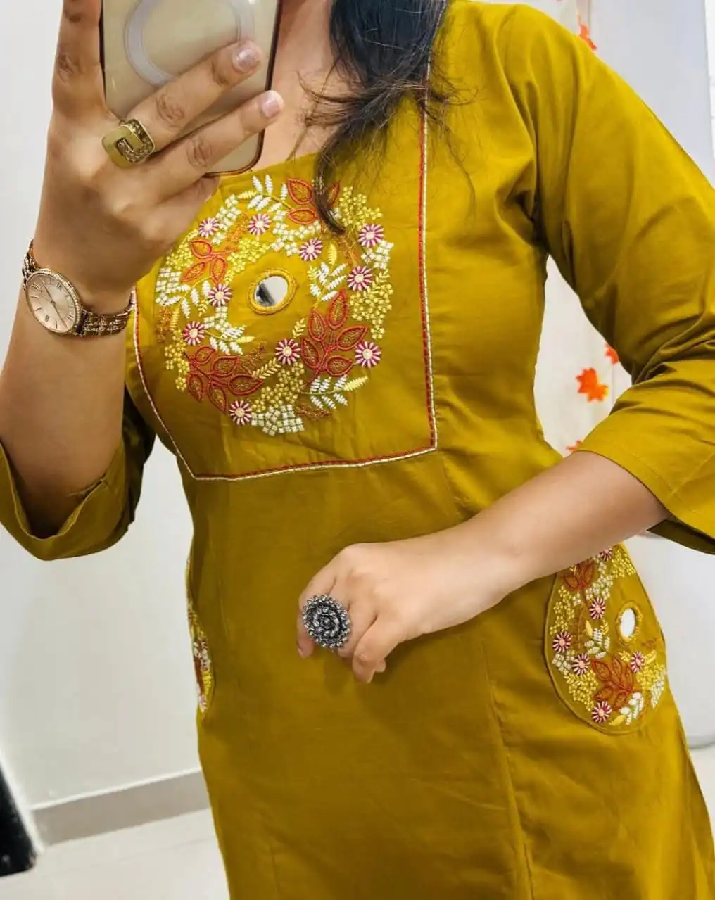 Mustered Soft Cotton Slub Embroidery Work Kurti - Image 2