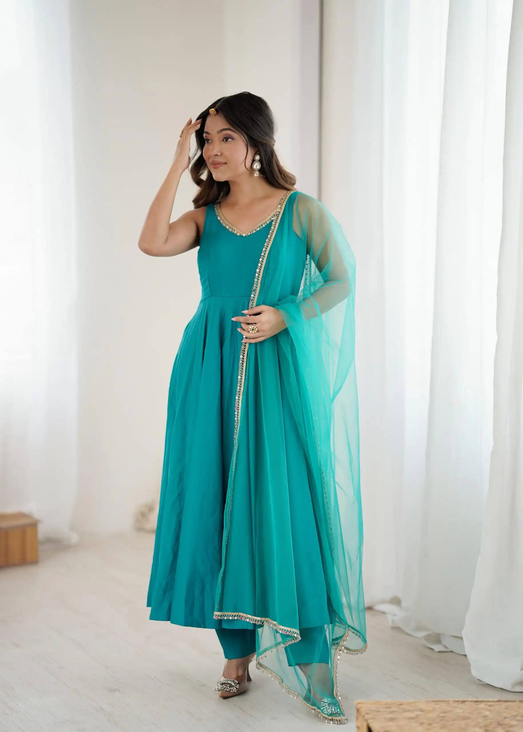 Rama Roman Silk Chanderi Mirror Work Gown - Image 5