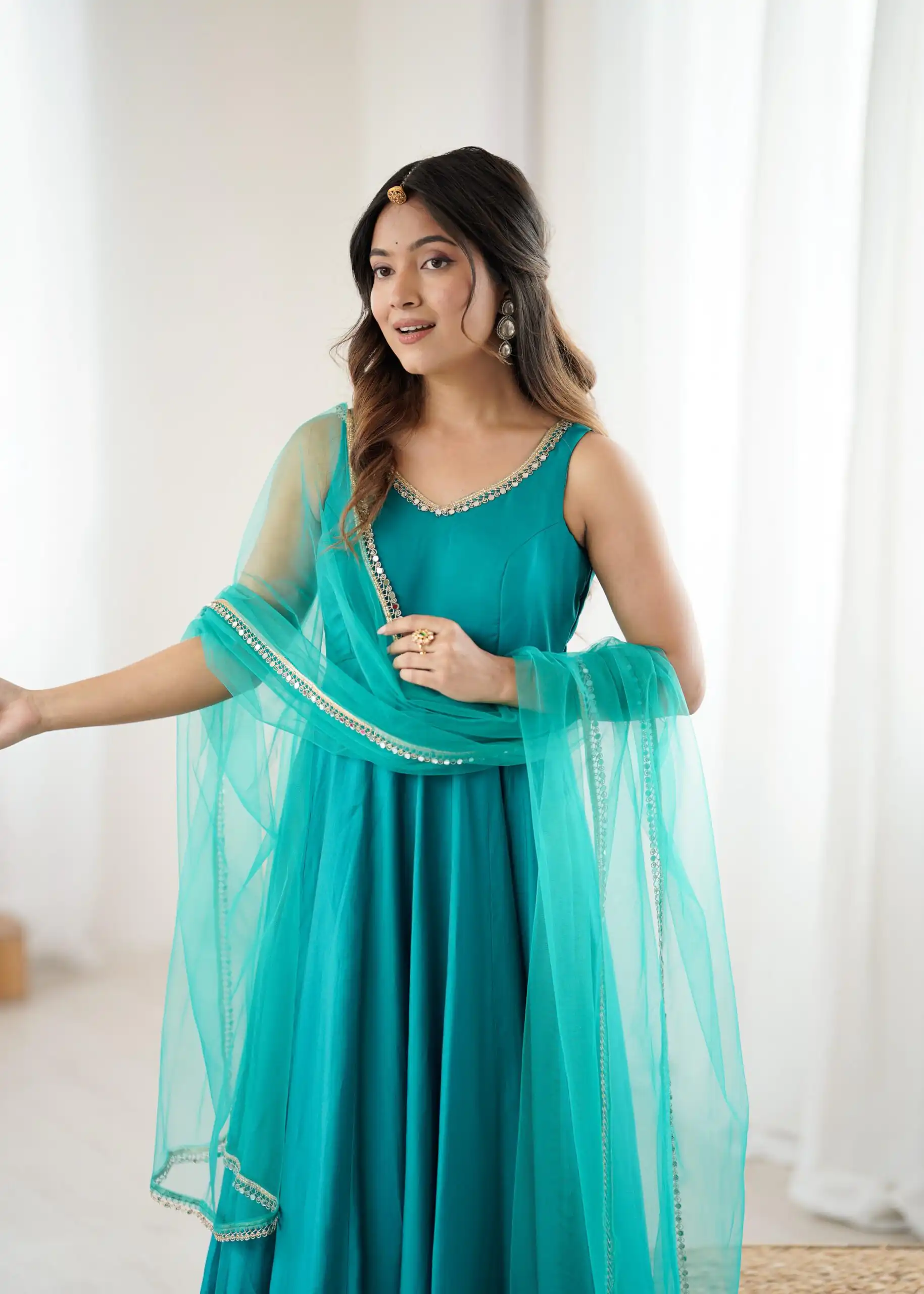 Rama Roman Silk Chanderi Mirror Work Gown - Image 7