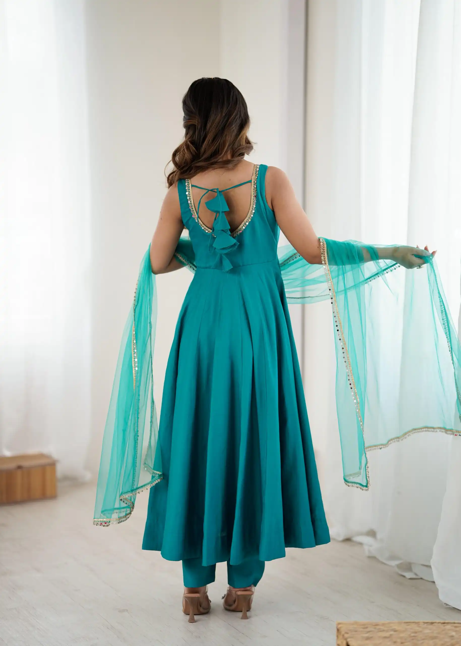 Rama Roman Silk Chanderi Mirror Work Gown - Image 9