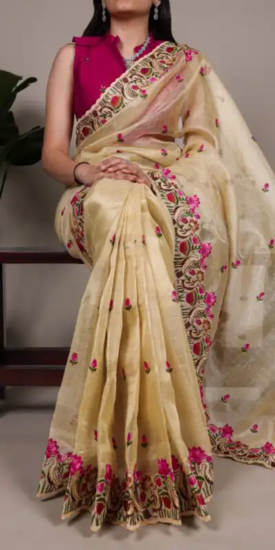 Gold Zari Kota Tissue Embroidery Zari Work Saree