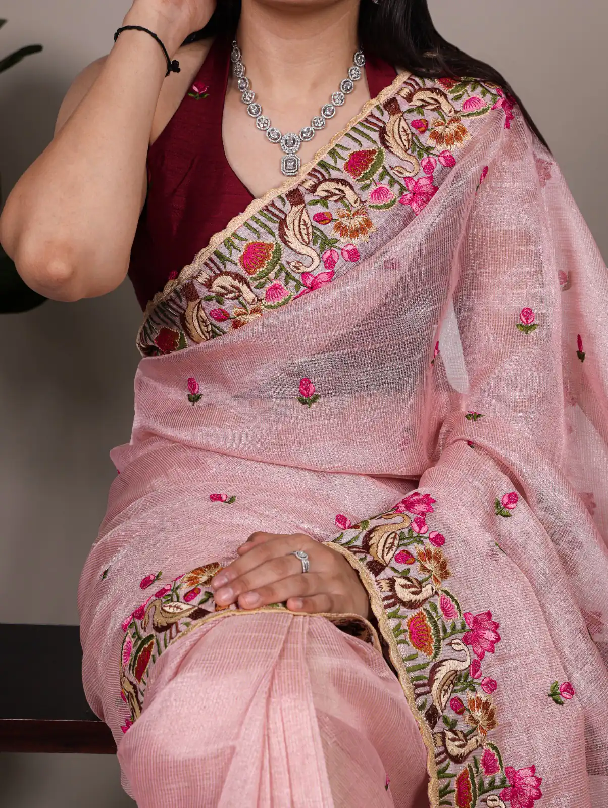 Light Pink Zari Kota Tissue Embroidery Zari Work Saree - Image 2
